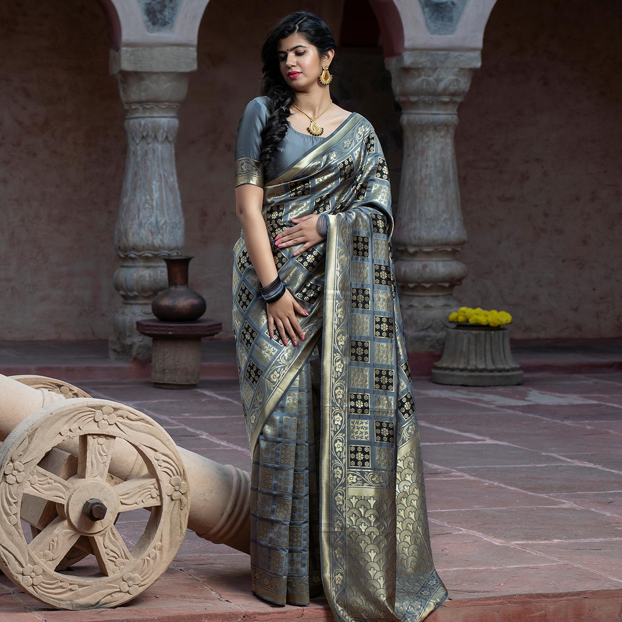 Captivating Grey Colored Festive Wear Woven Banarasi Silk Saree' - Peachmode
