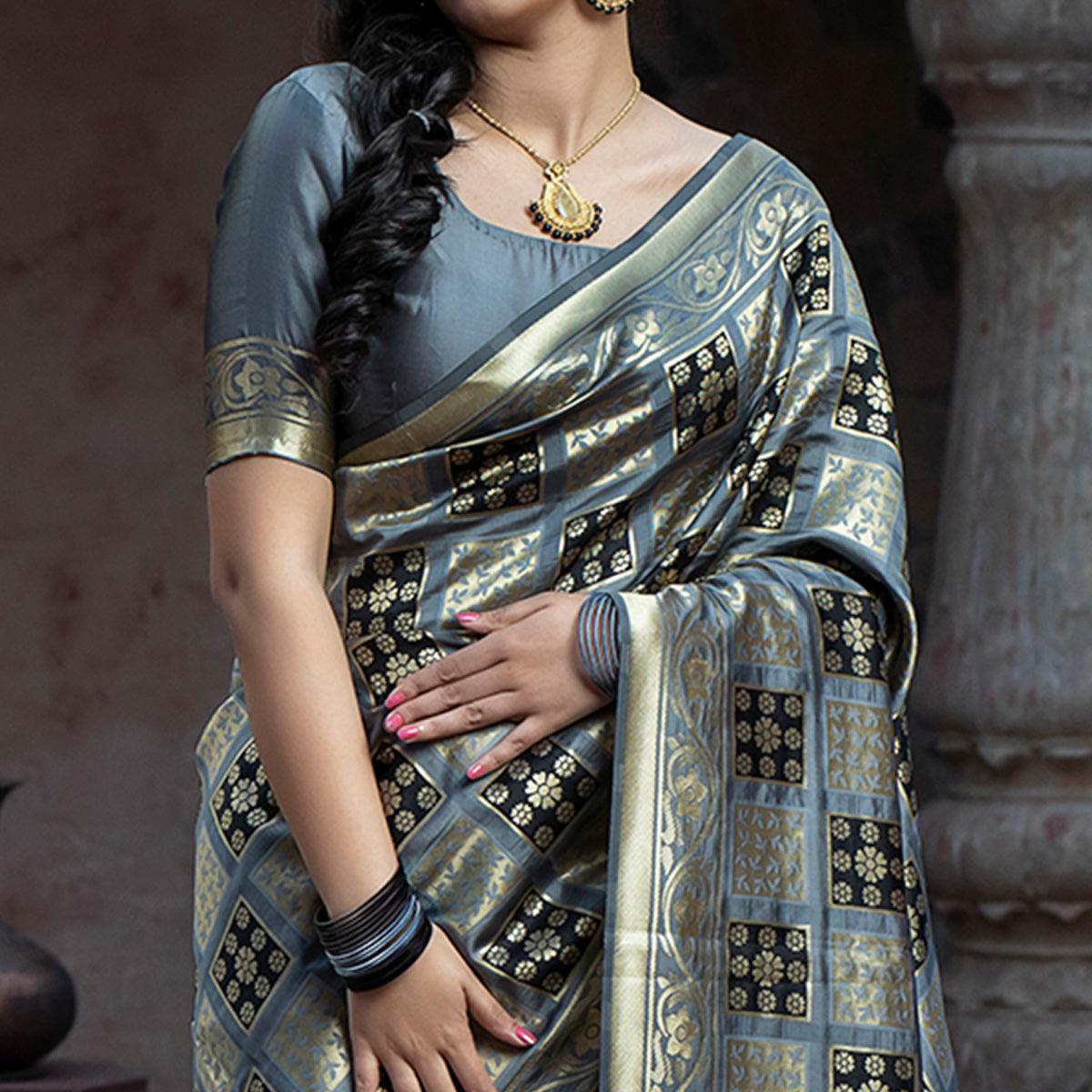 Captivating Grey Colored Festive Wear Woven Banarasi Silk Saree' - Peachmode