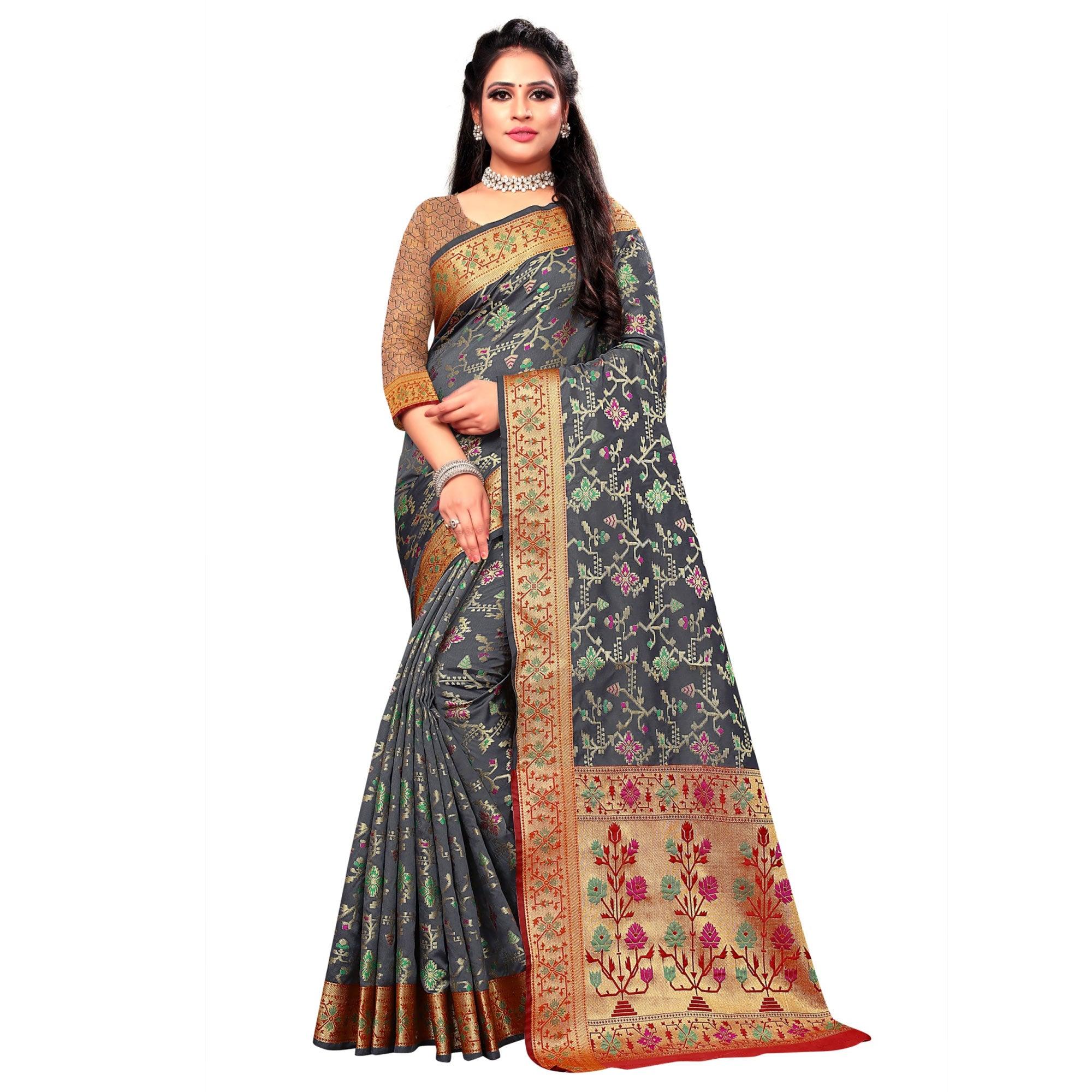 Captivating Grey Colored Festive Wear Woven Silk Saree - Peachmode
