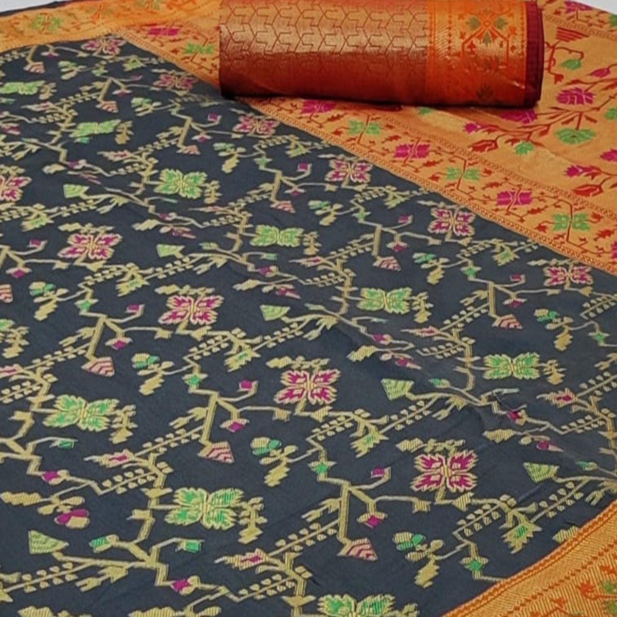 Captivating Grey Colored Festive Wear Woven Silk Saree - Peachmode