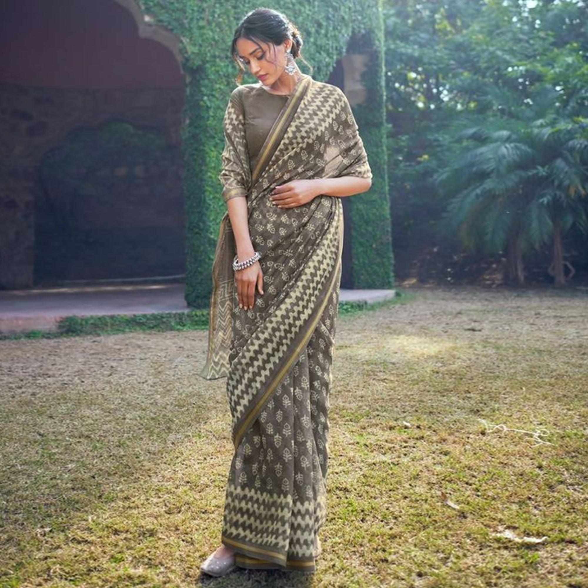 Captivating Grey Colored Party Wear Handloom Zari Border Cotton Linen Saree - Peachmode