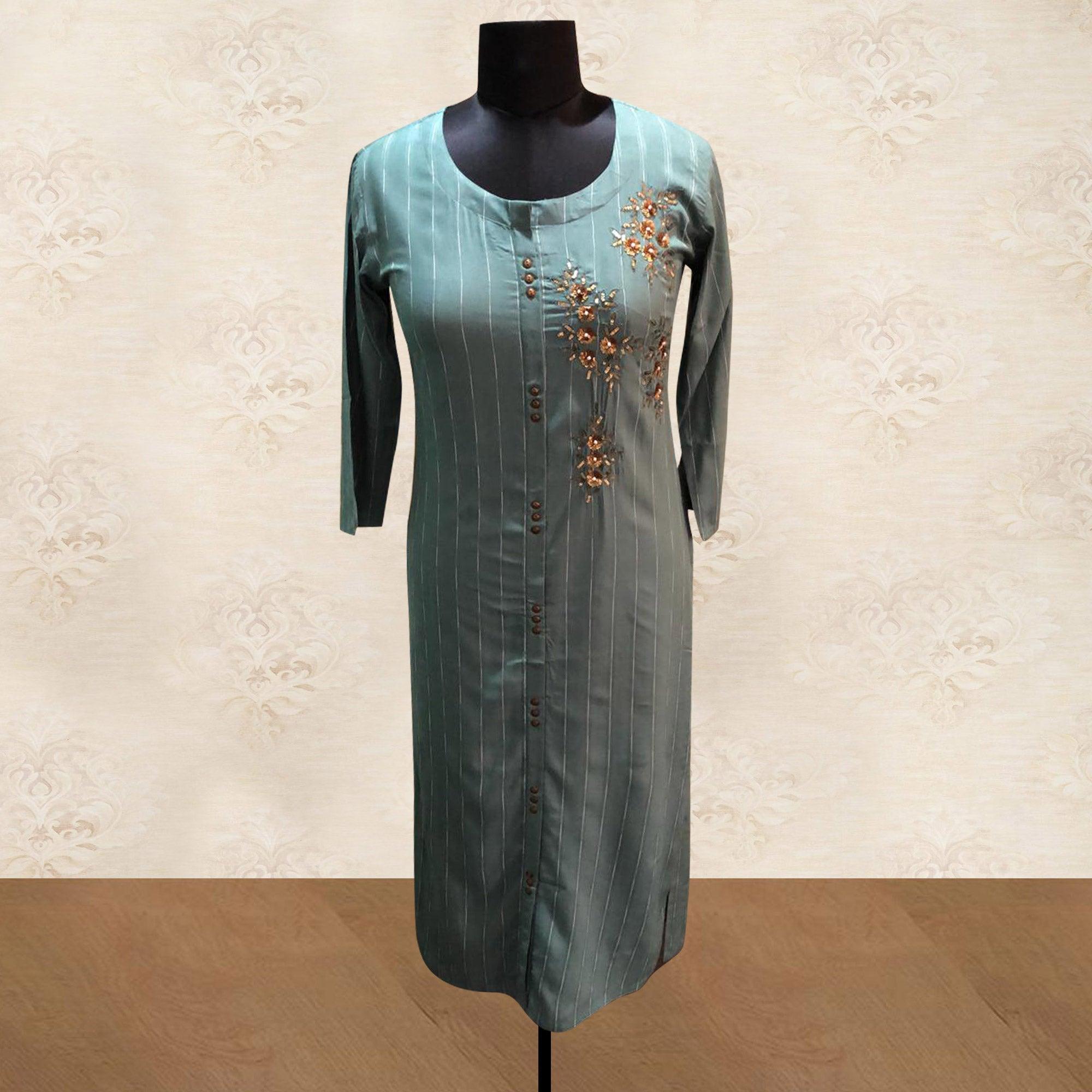 Captivating Grey Colored Partywear Floral Handwork Cotton Kurti - Peachmode
