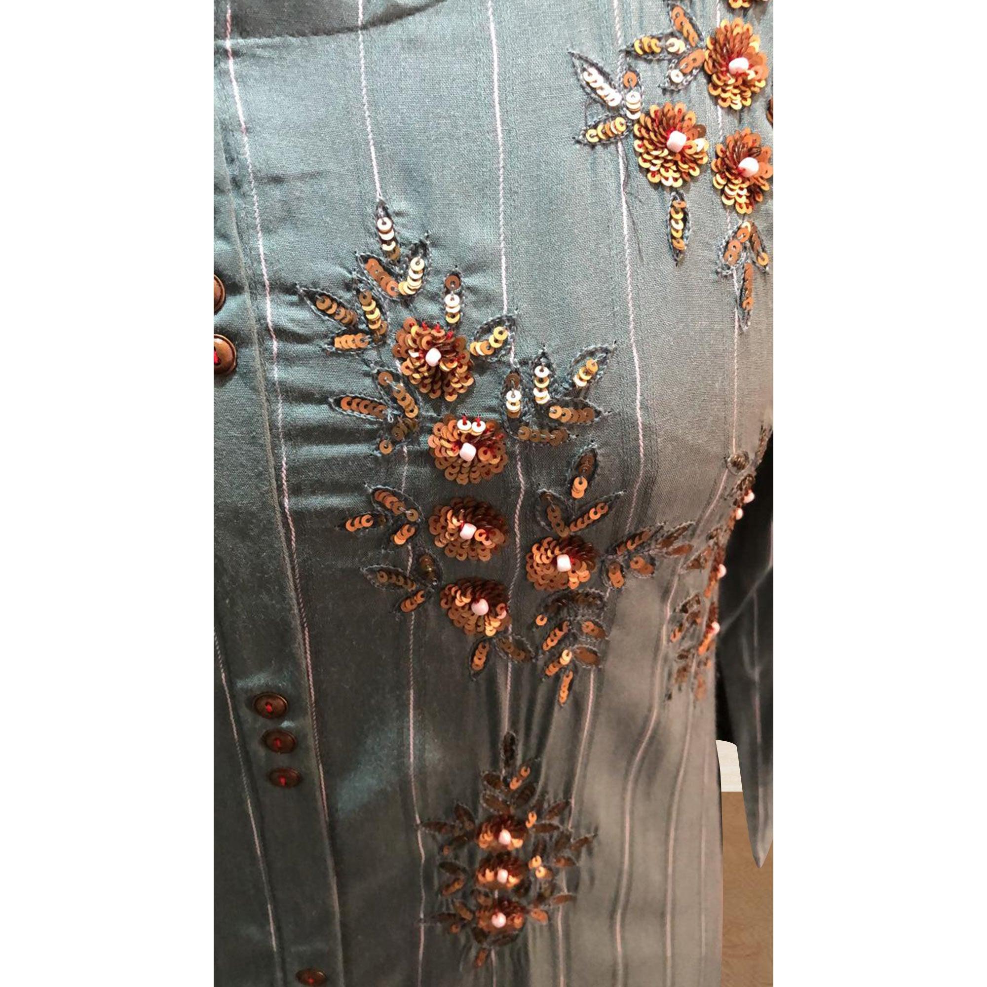 Captivating Grey Colored Partywear Floral Handwork Cotton Kurti - Peachmode