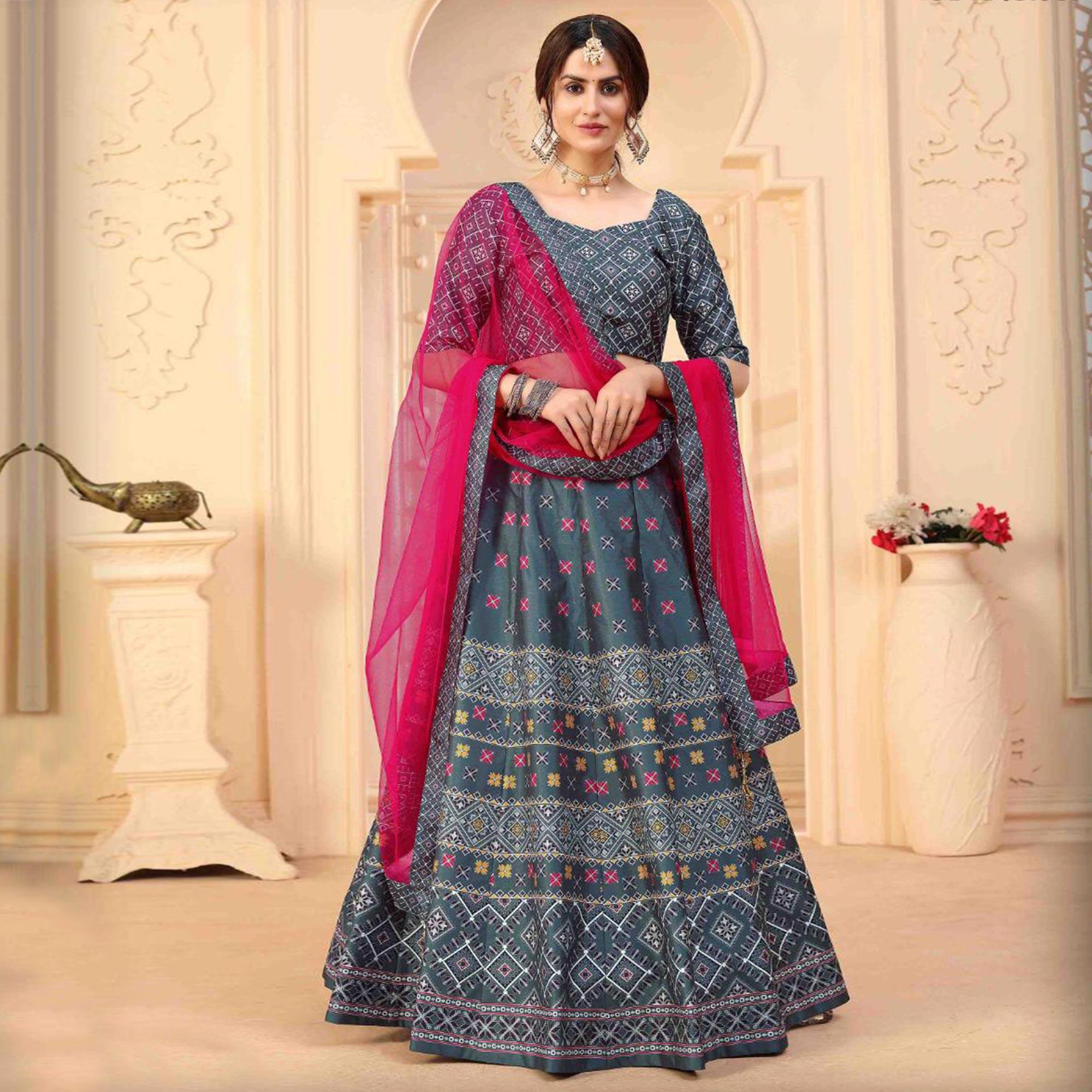 Captivating Grey Coloured Partywear Digital Printed Art Silk Lehenga Choli - Peachmode