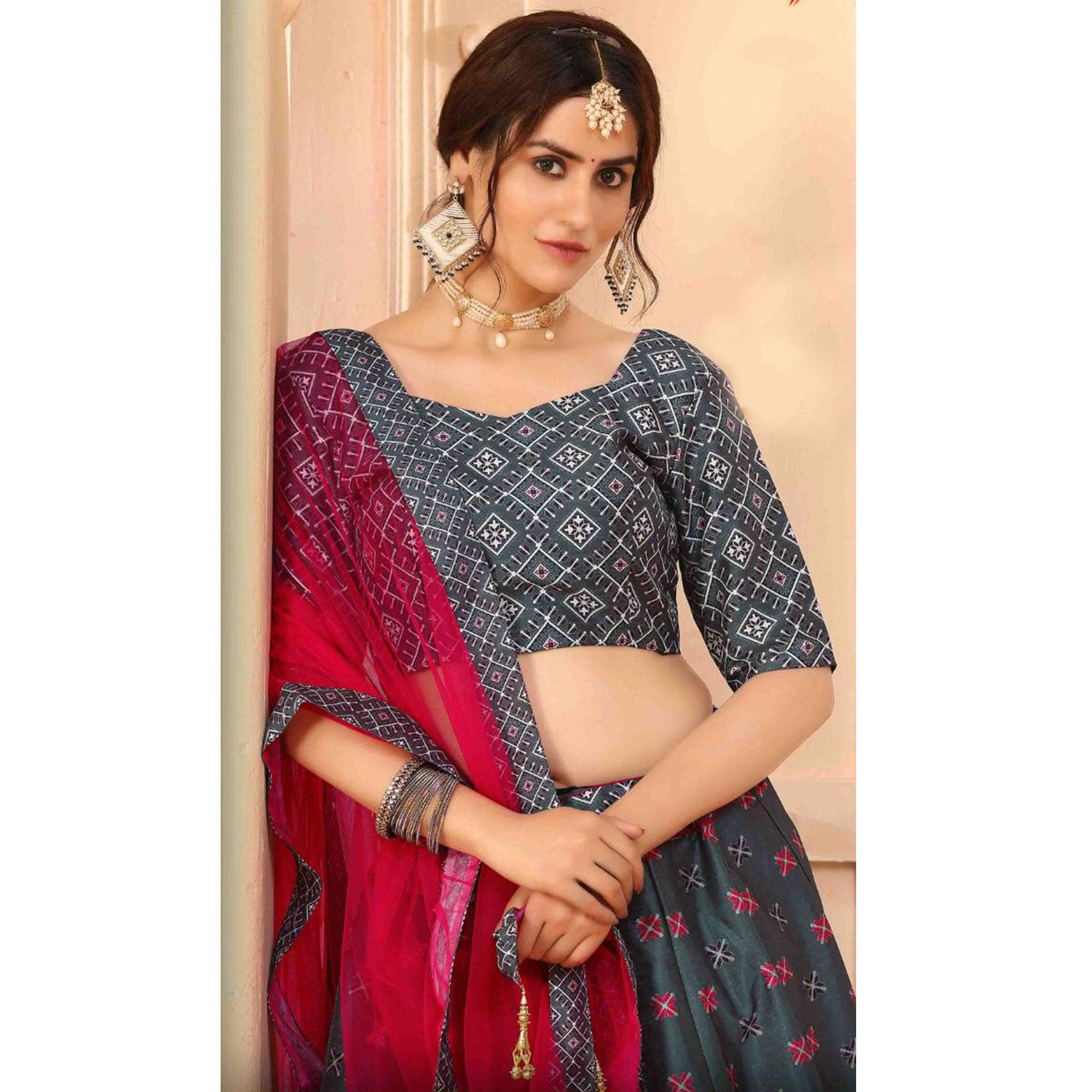 Captivating Grey Coloured Partywear Digital Printed Art Silk Lehenga Choli - Peachmode