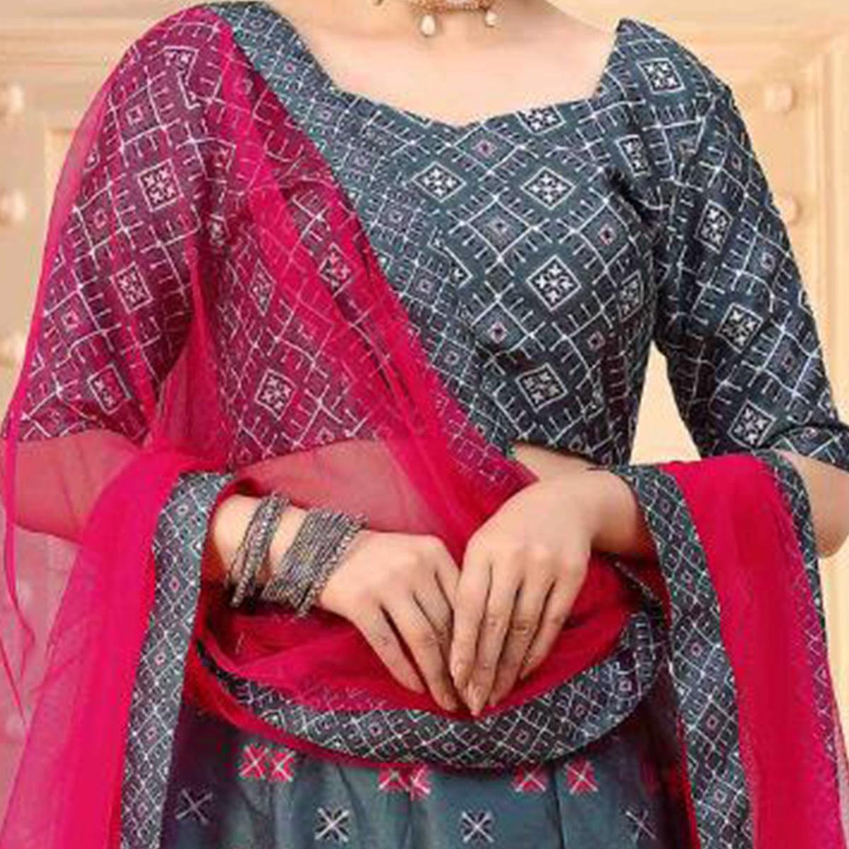 Captivating Grey Coloured Partywear Digital Printed Art Silk Lehenga Choli - Peachmode