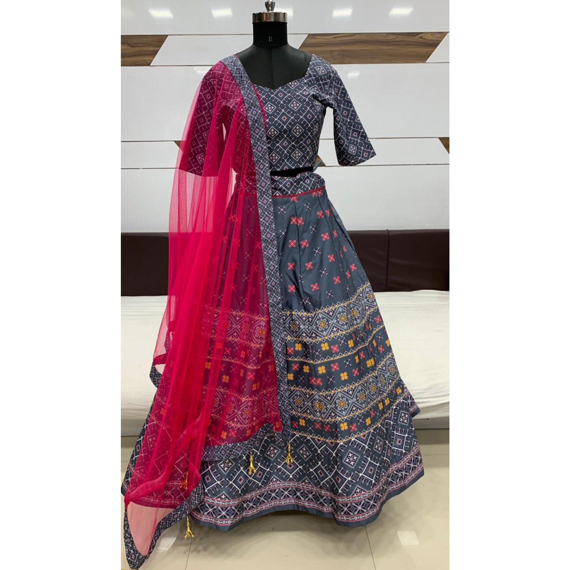 Captivating Grey Coloured Partywear Digital Printed Art Silk Lehenga Choli - Peachmode