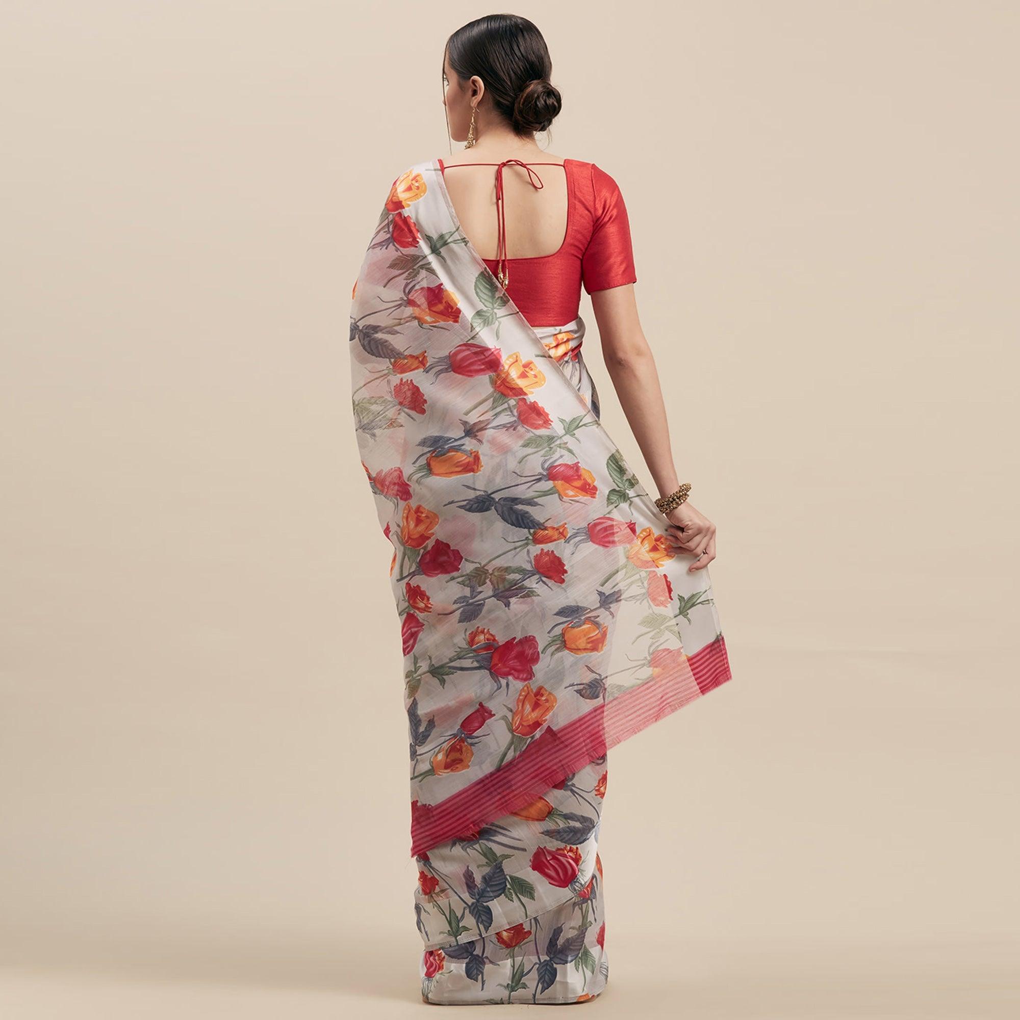 Captivating Grey-Pink Colored Casual Wear Floral Printed Linen Saree - Peachmode