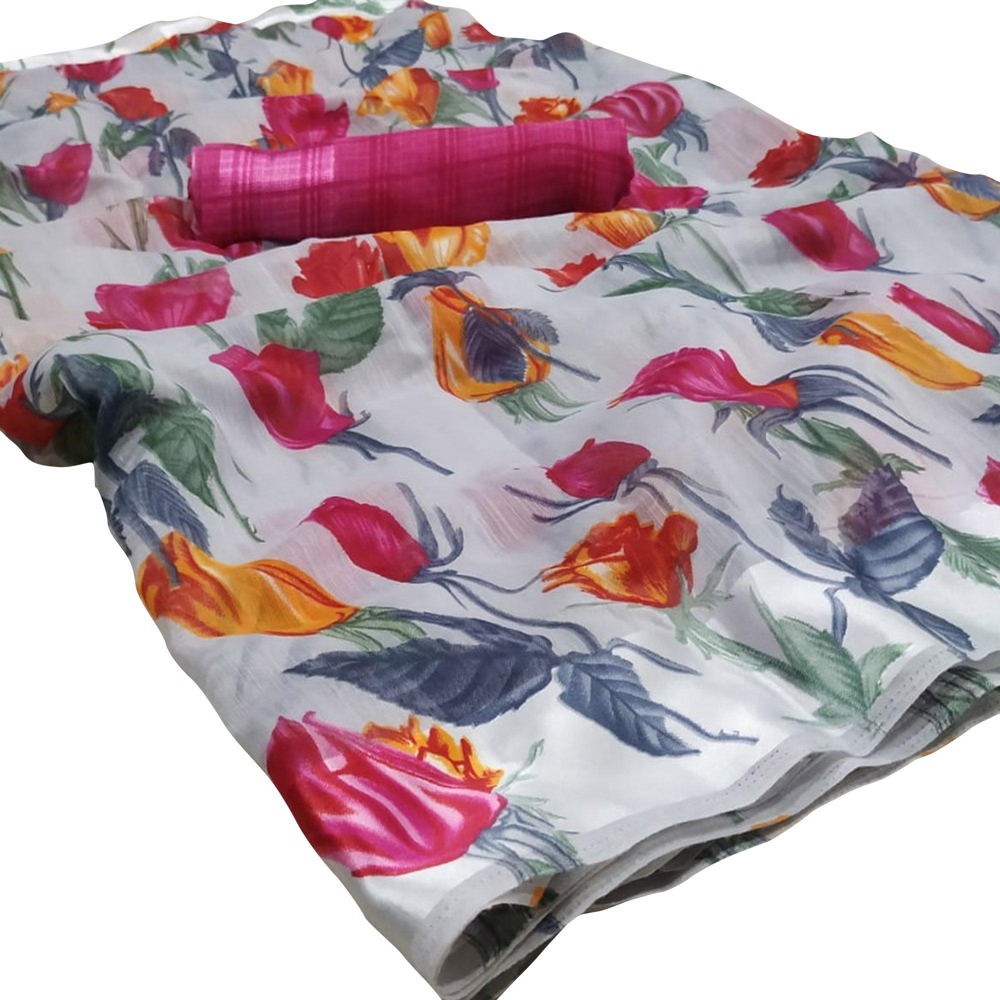 Captivating Grey-Pink Colored Casual Wear Floral Printed Linen Saree - Peachmode