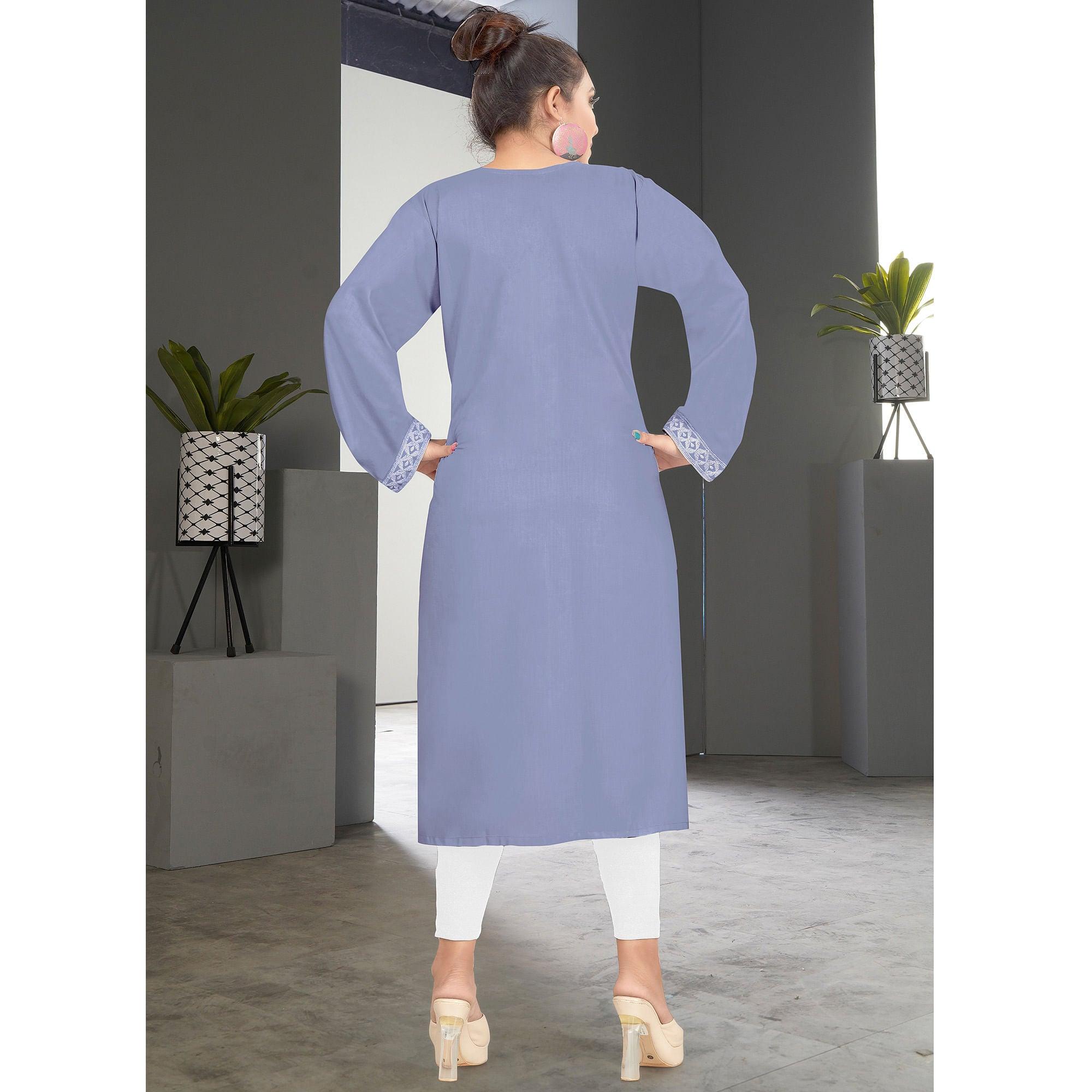 Captivating Lavendar Colored Casual Wear Embroidered Pure Rayon Viscose Kurti - Peachmode