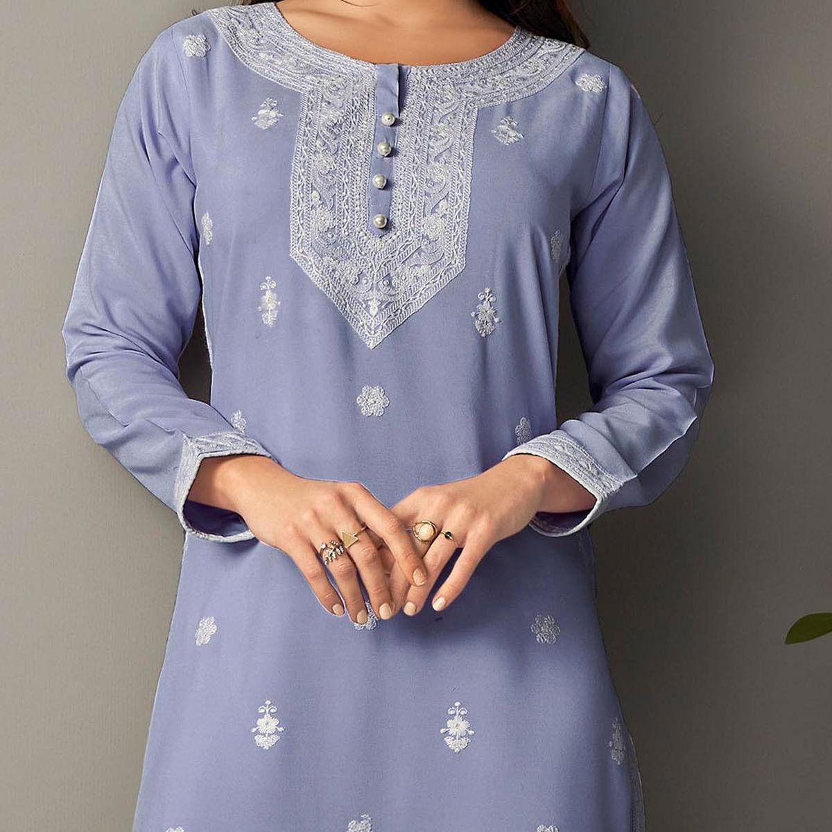 Captivating Lavendar Colored Casual Wear Embroidered Pure Rayon Viscose Kurti - Peachmode