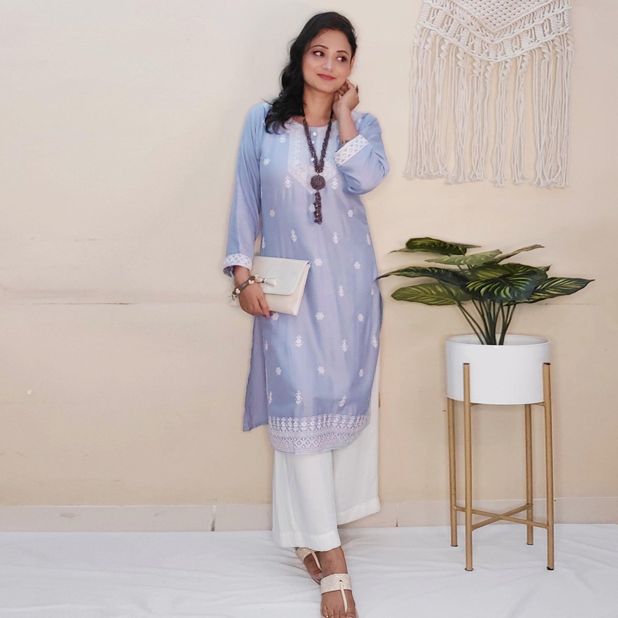 Captivating Lavendar Colored Casual Wear Embroidered Pure Rayon Viscose Kurti - Peachmode