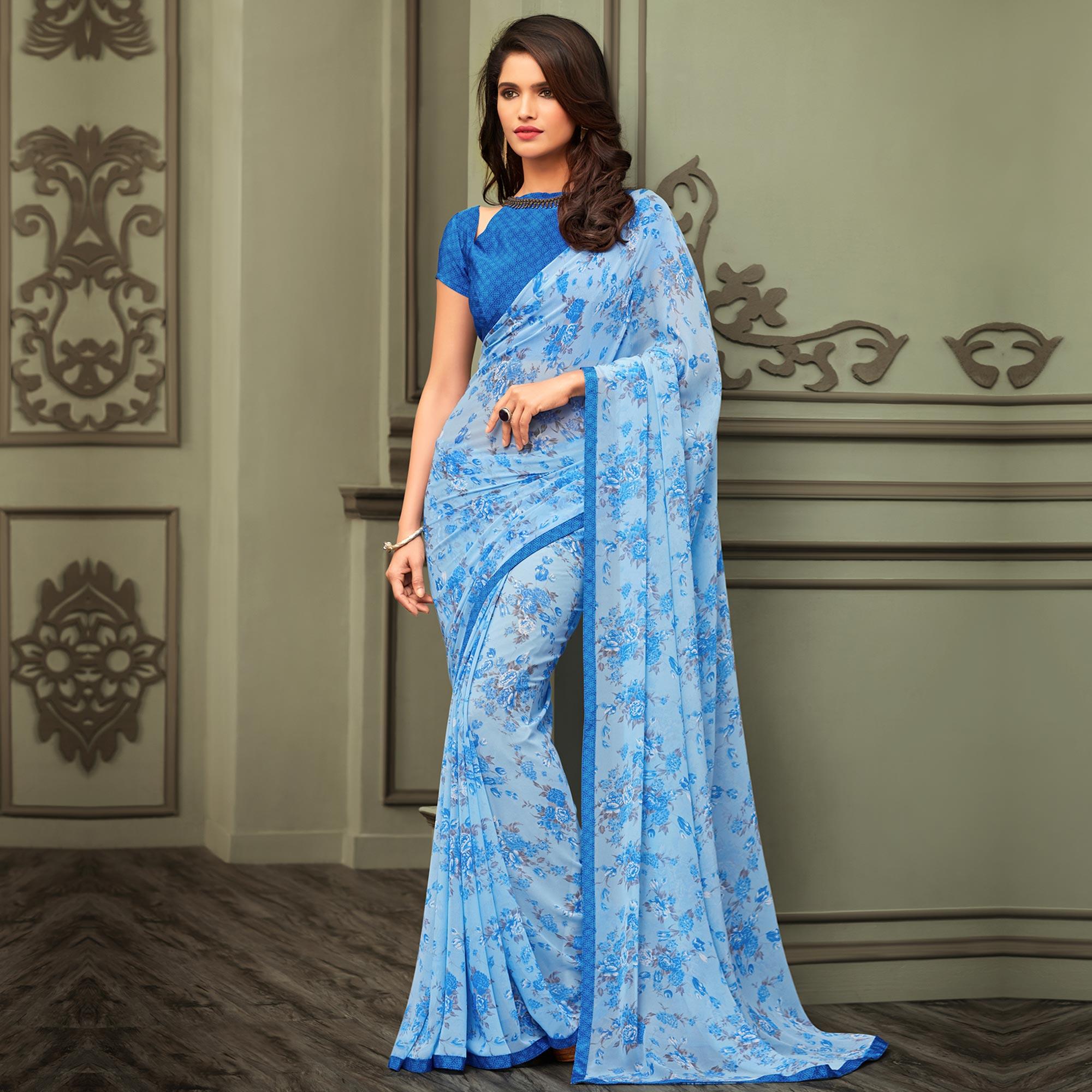 Captivating Light Blue Colored Casual Floral Printed Georgette Saree - Peachmode