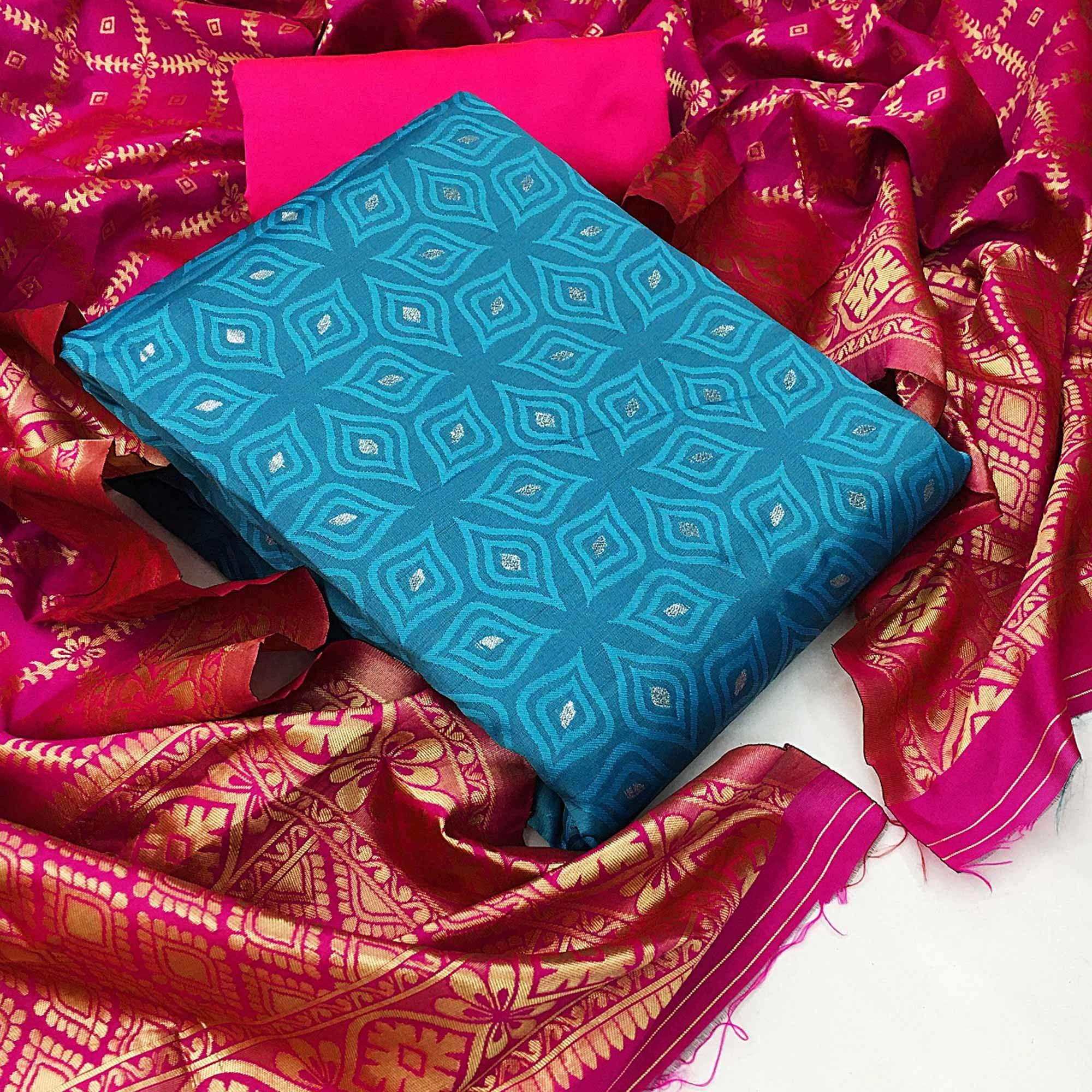 Captivating Light Blue Colored Casual Wear Woven Banarasi Silk Dress Material - Peachmode