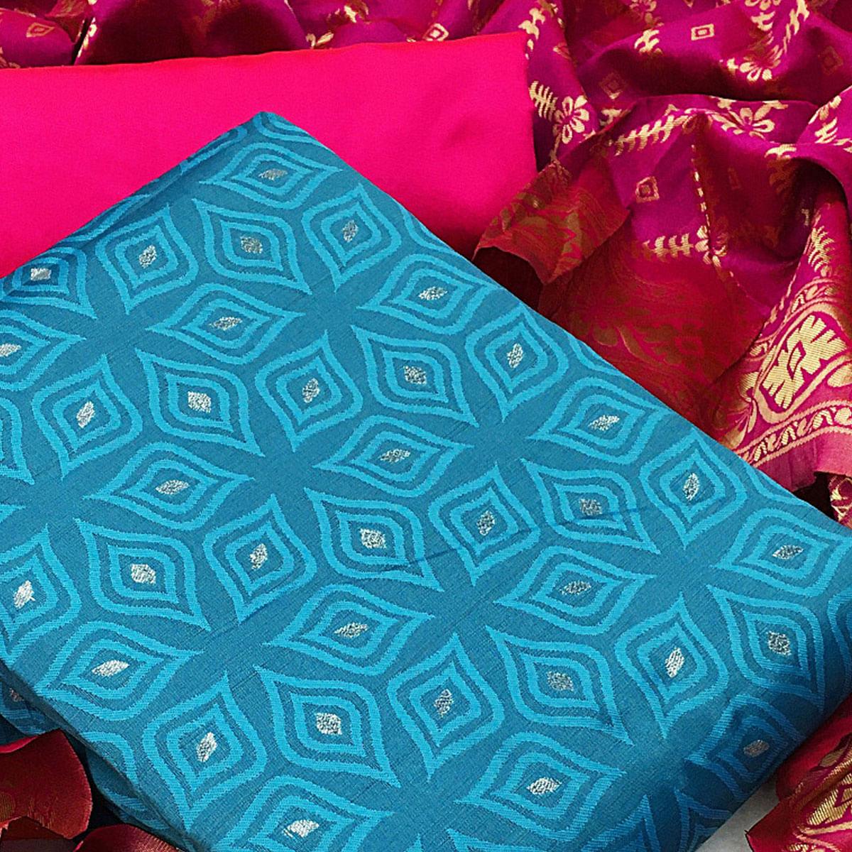 Captivating Light Blue Colored Casual Wear Woven Banarasi Silk Dress Material - Peachmode