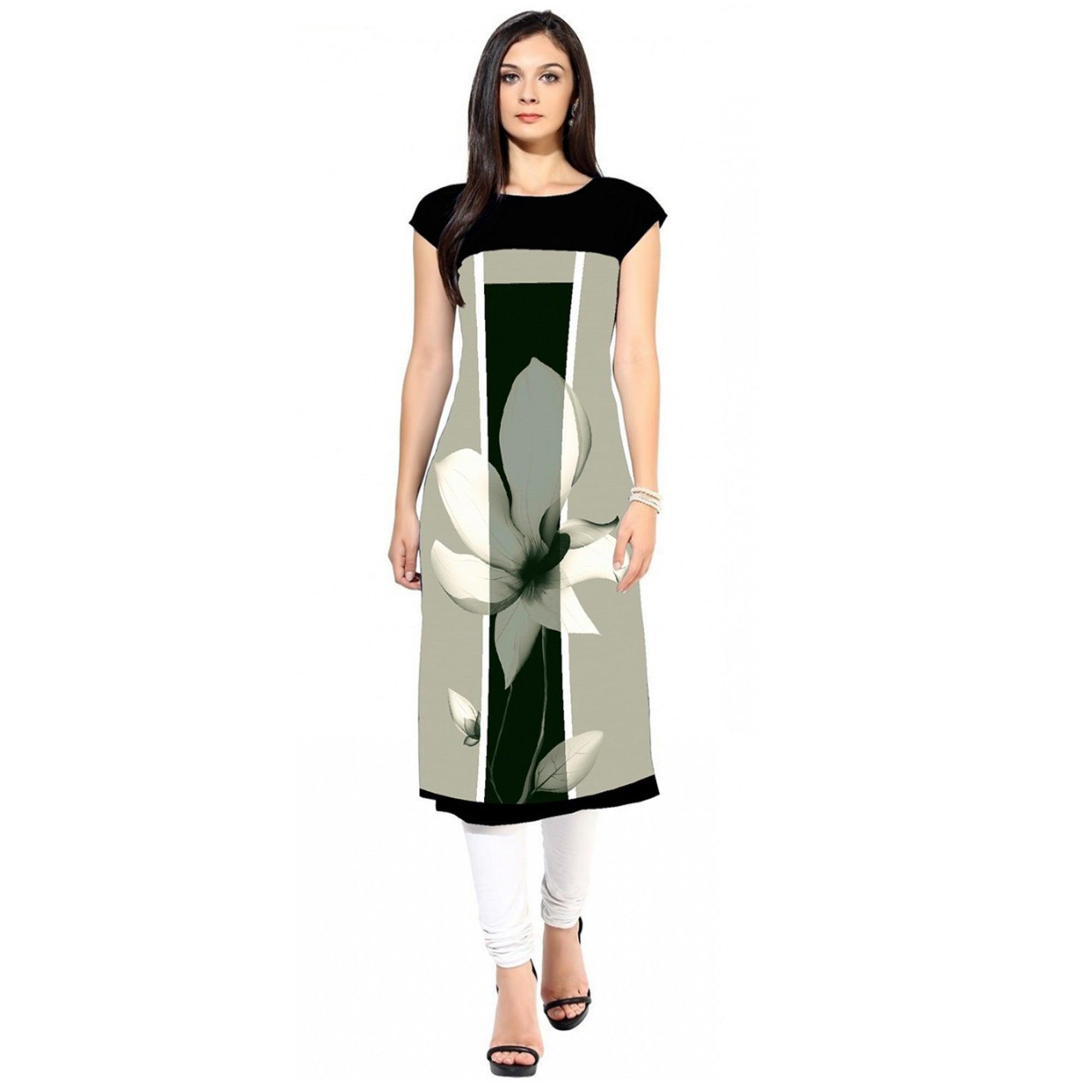 Captivating Light Gray Colored Casual Digital Printed Crepe Kurti - Peachmode