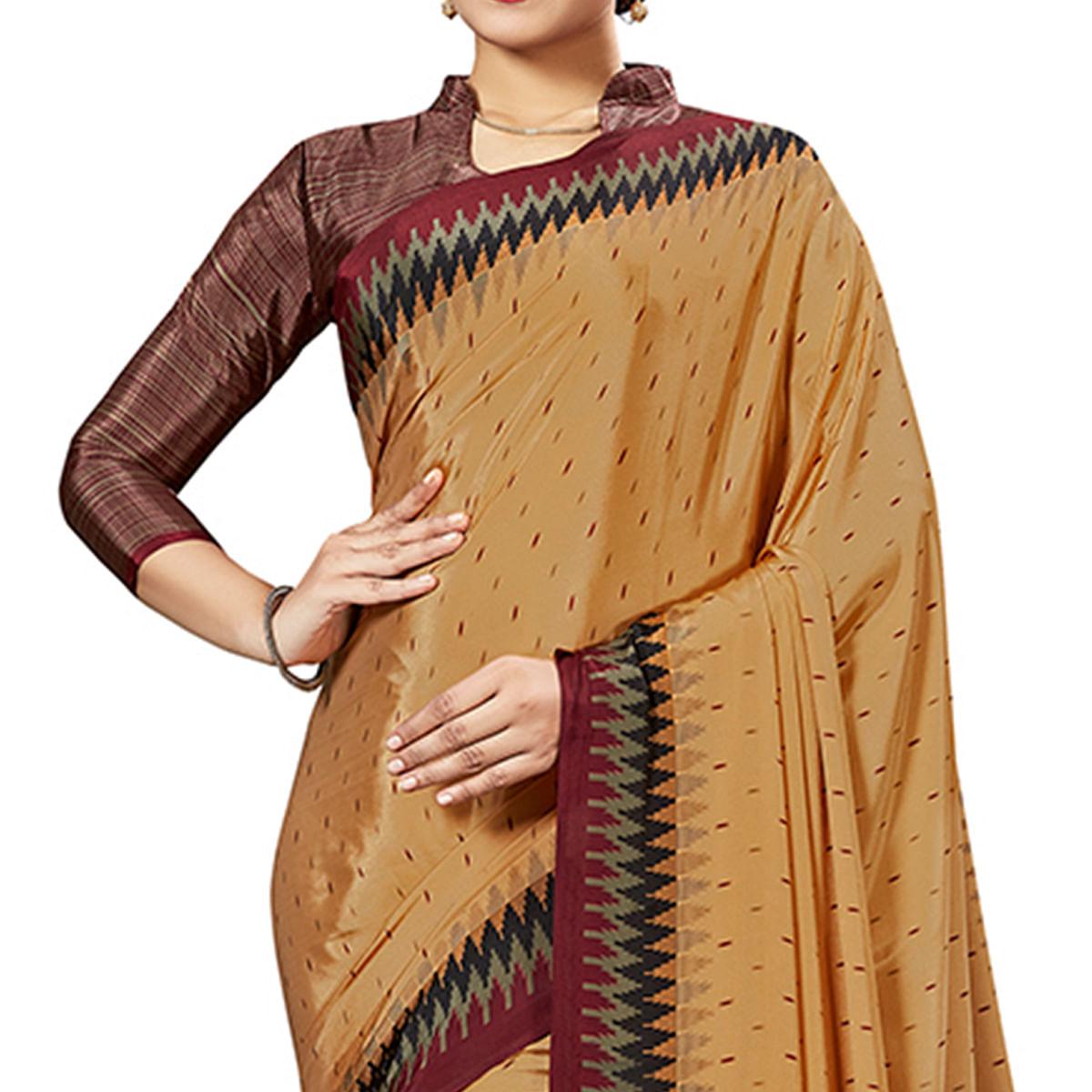 Captivating Light Orange Colored Casual Wear Printed Crepe Saree - Peachmode