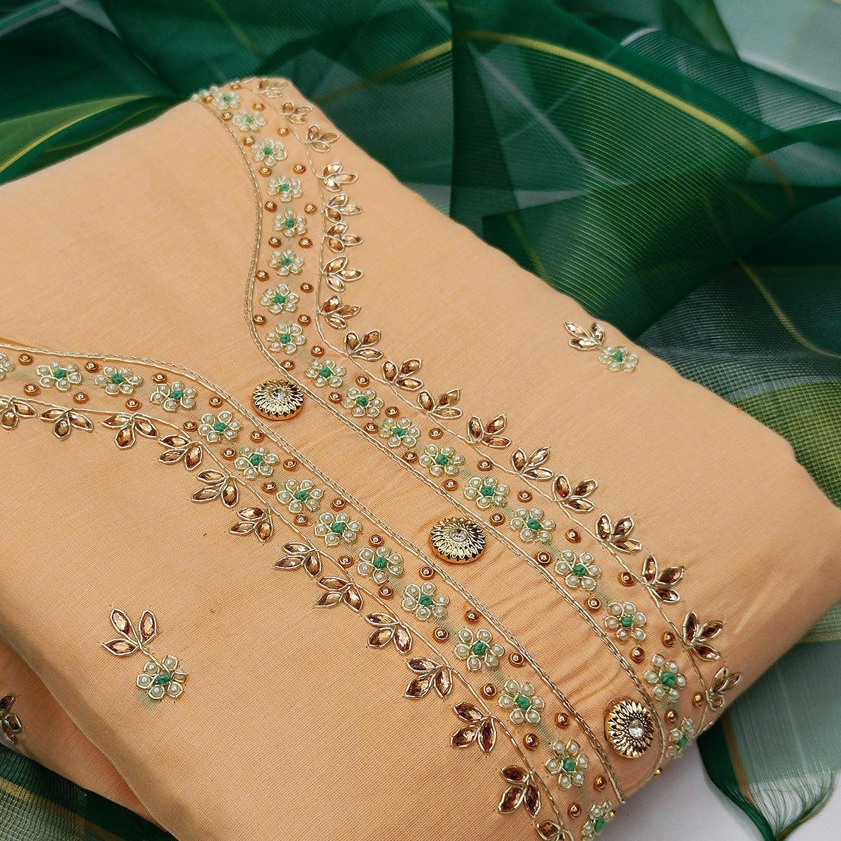 Captivating Light Peach Colored Casual Embroidered Modal Chanderi Dress Material - Peachmode