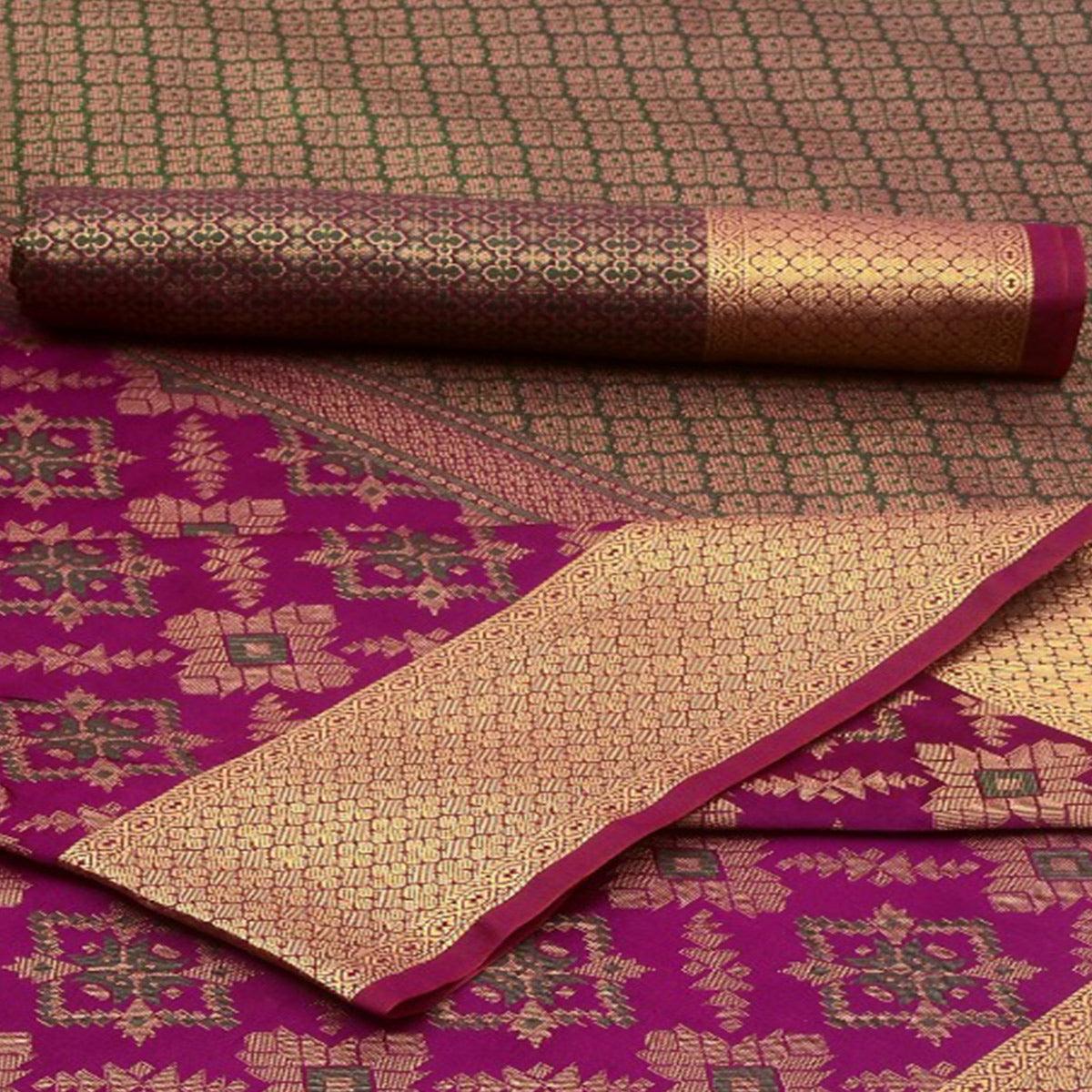 Captivating Magenta Pink Colored Festive Wear Woven Silk Saree - Peachmode