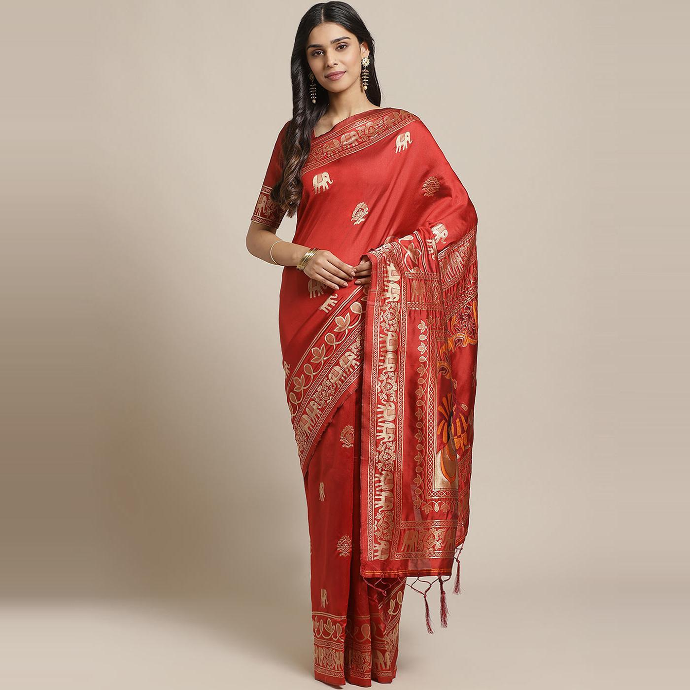 Captivating Maroon Colored Festive Wear Woven Silk Blend Saree - Peachmode