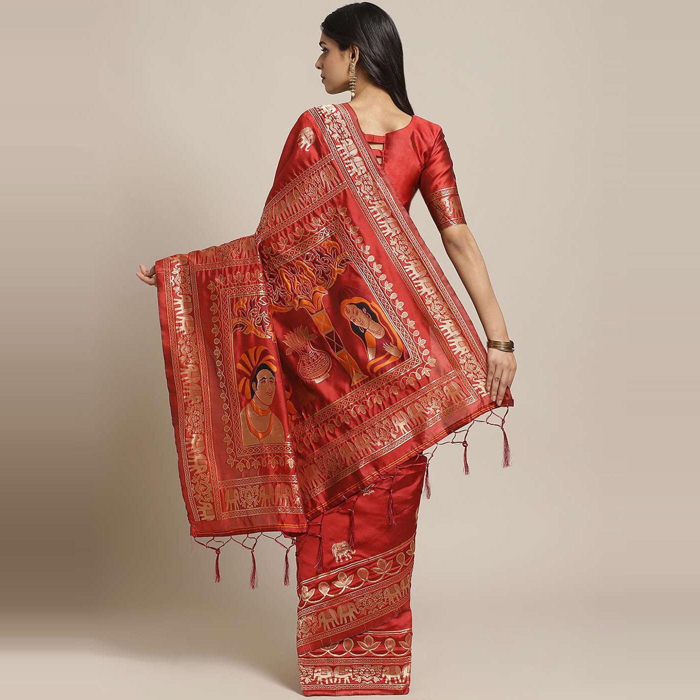 Captivating Maroon Colored Festive Wear Woven Silk Blend Saree - Peachmode