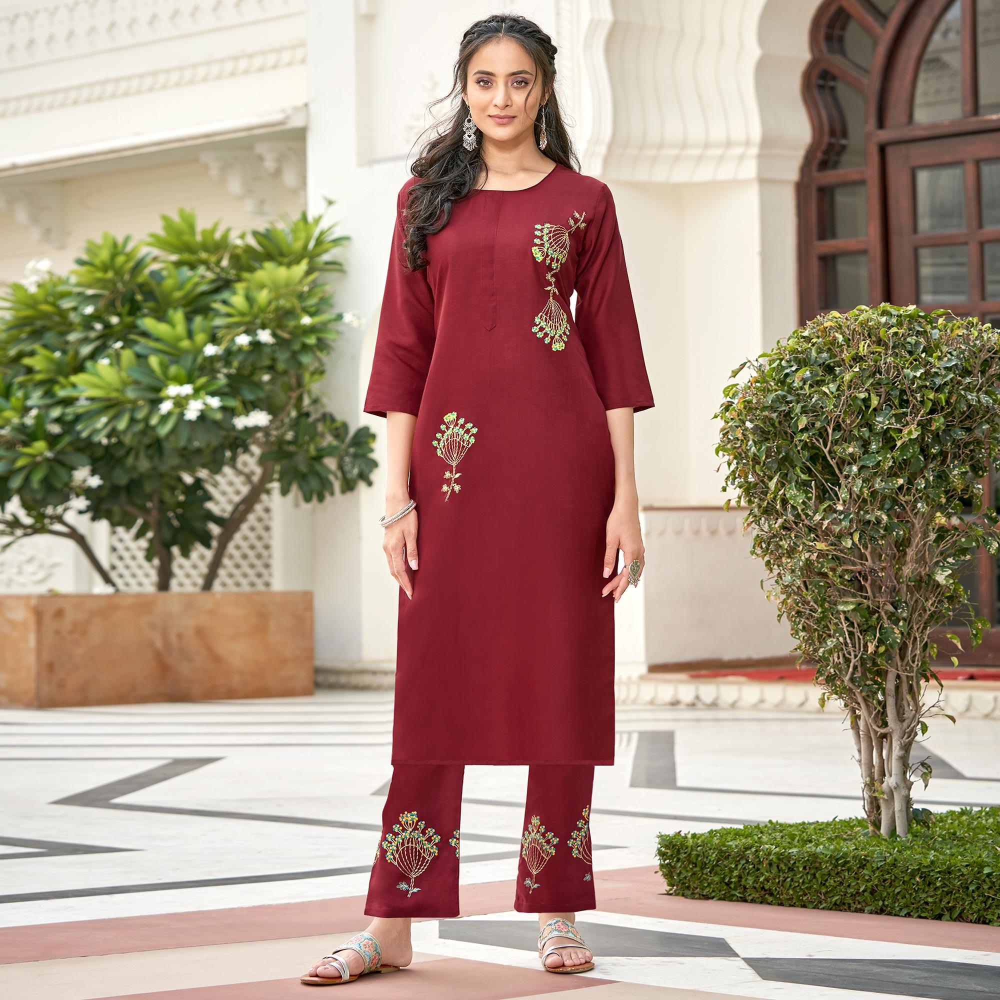 Captivating Maroon Colored Partywear Embroidered Cotton Slub Kurti Palazzo Set - Peachmode