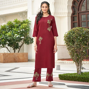 Captivating Maroon Colored Partywear Embroidered Cotton Slub Kurti Palazzo Set - Peachmode