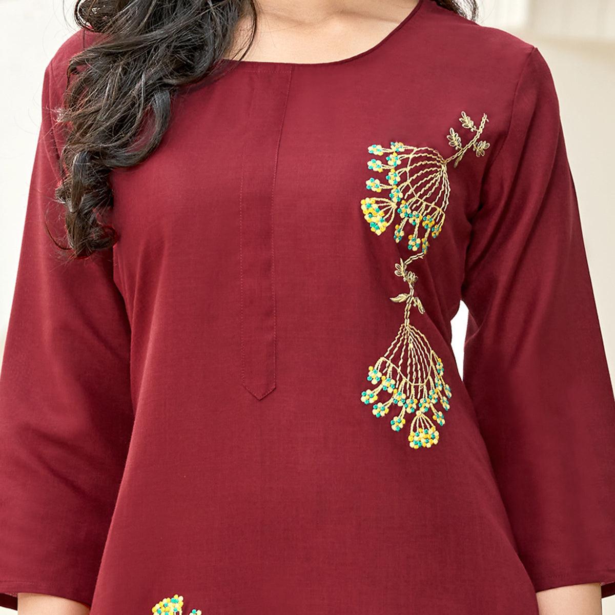 Captivating Maroon Colored Partywear Embroidered Cotton Slub Kurti Palazzo Set - Peachmode