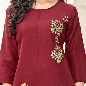 Captivating Maroon Colored Partywear Embroidered Cotton Slub Kurti Palazzo Set - Peachmode