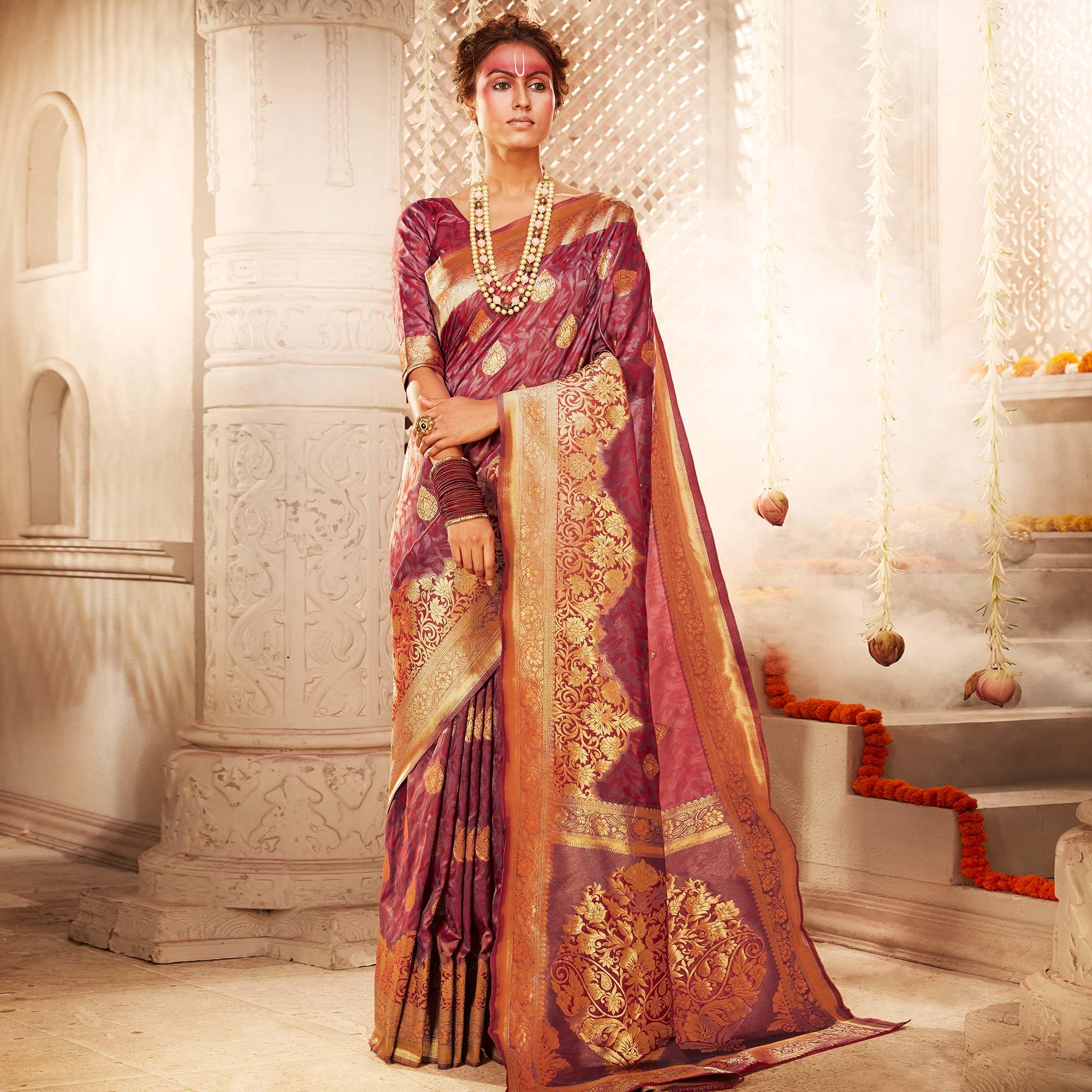 Captivating Mauve Colored Festive Wear Woven Banarasi Silk Saree - Peachmode