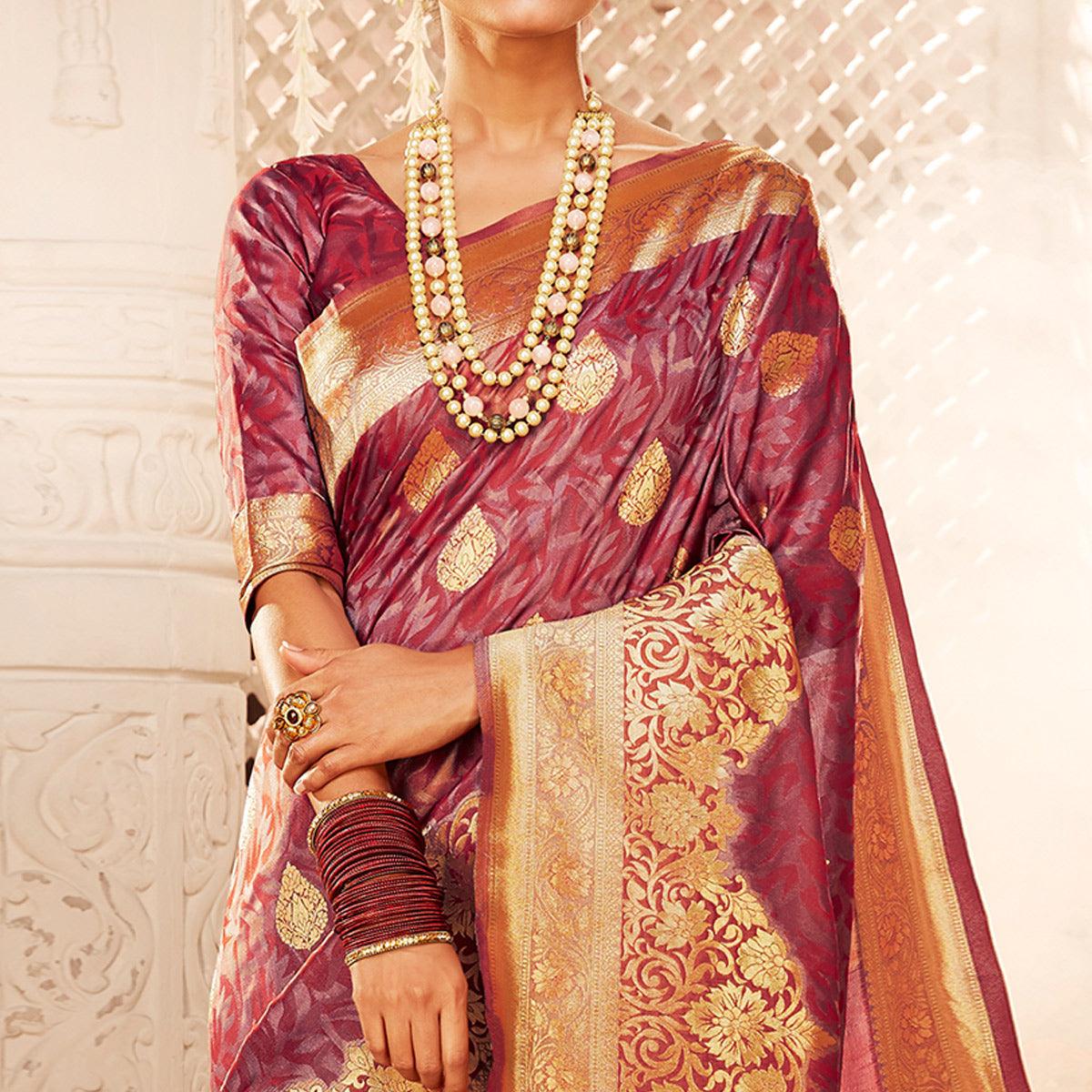 Captivating Mauve Colored Festive Wear Woven Banarasi Silk Saree - Peachmode