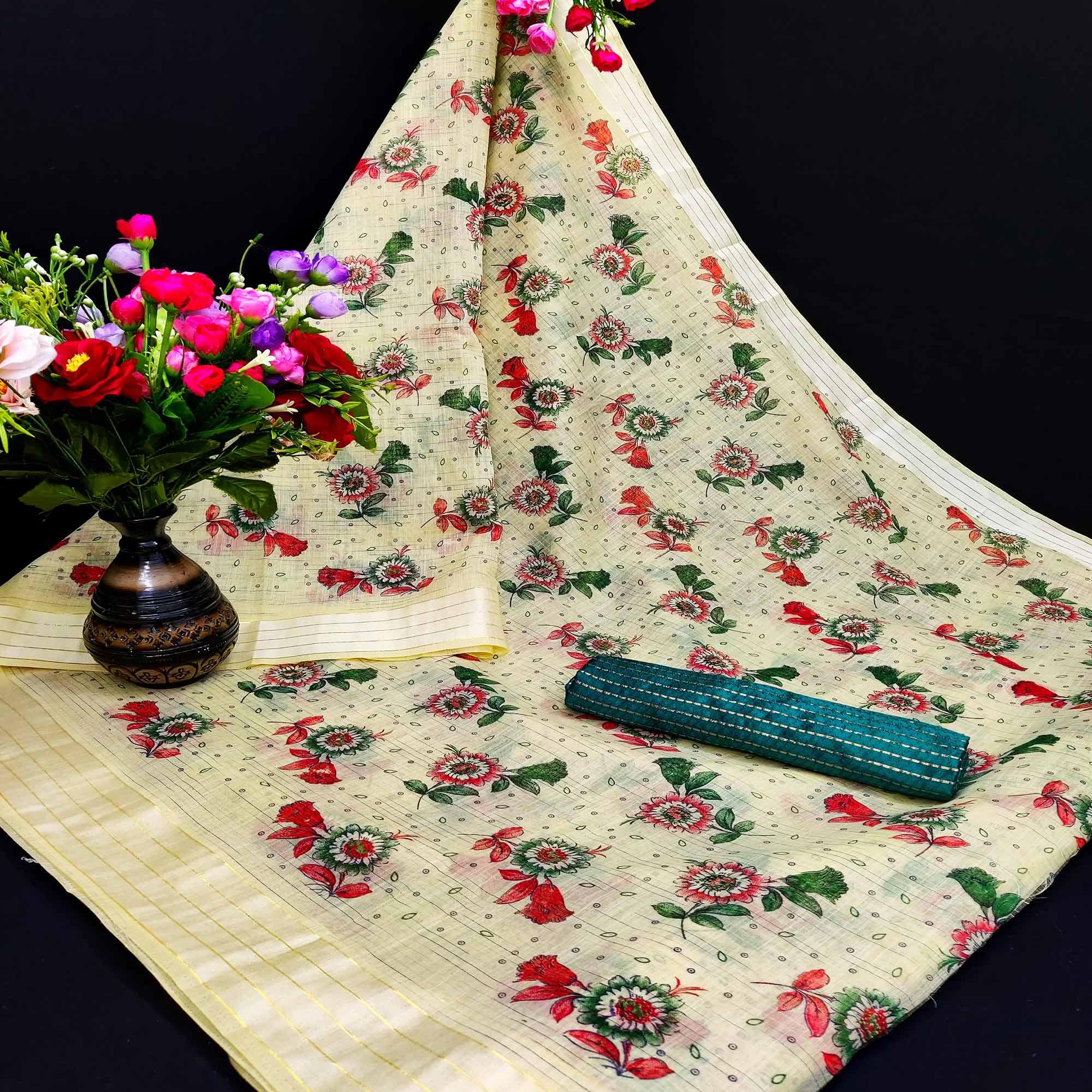 Captivating Mustard Coloured Floral Print Casual Wear Striped Pattern Cotton Saree - Peachmode