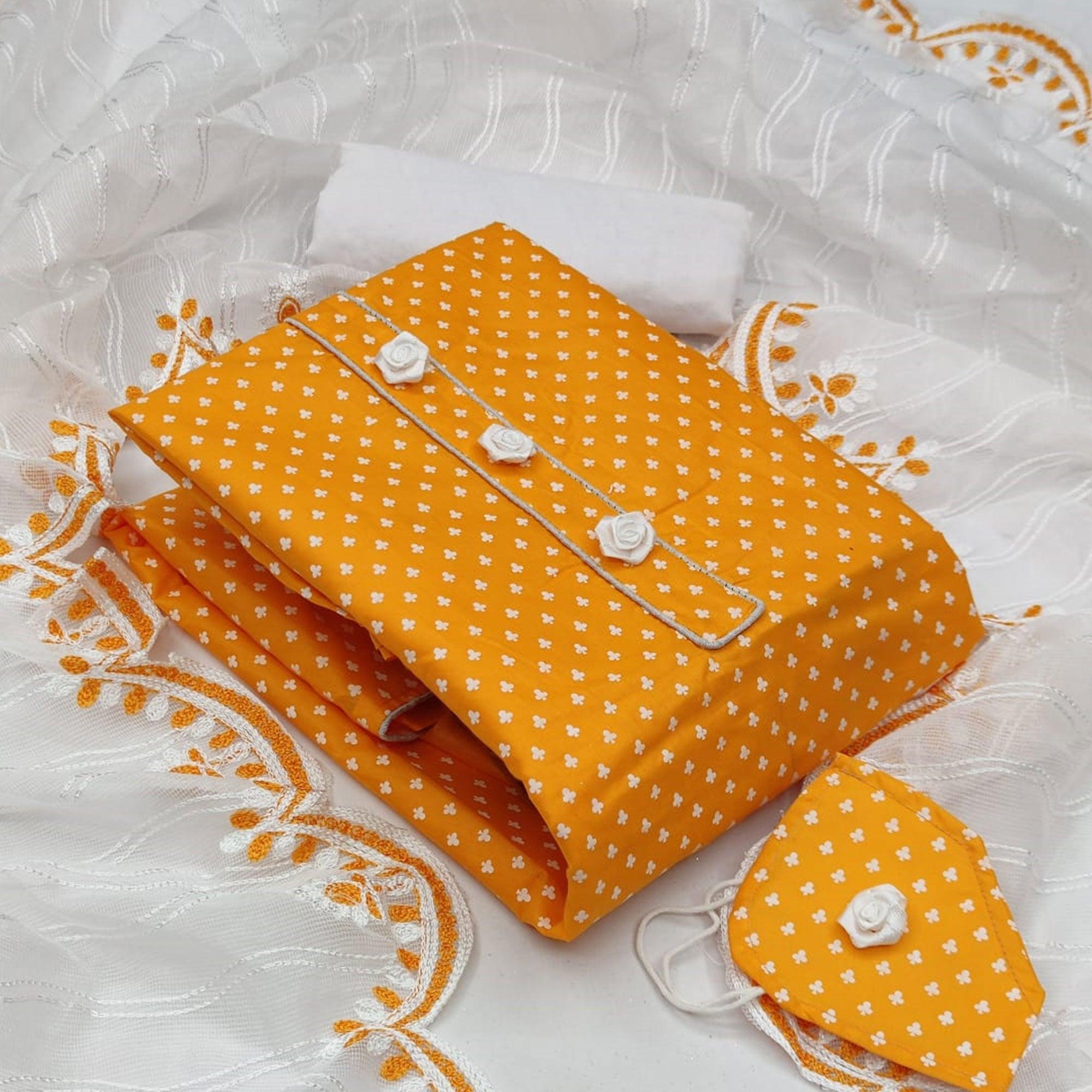 Captivating Mustard Yellow Colored Casual Wear Printed Cotton Dress Material - Peachmode