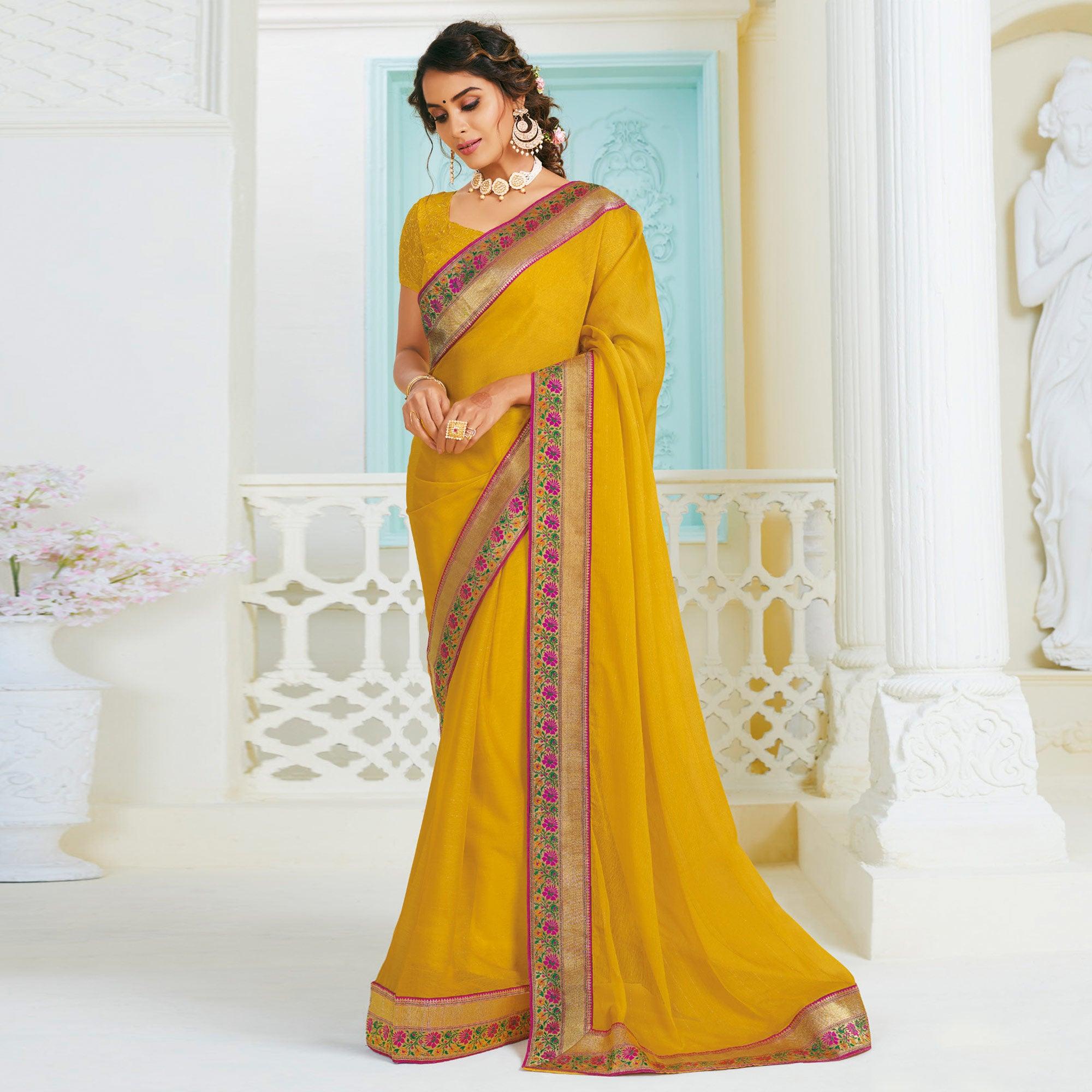 Captivating Mustard Yellow Colored Partywear Foil Work Chiffon Saree - Peachmode