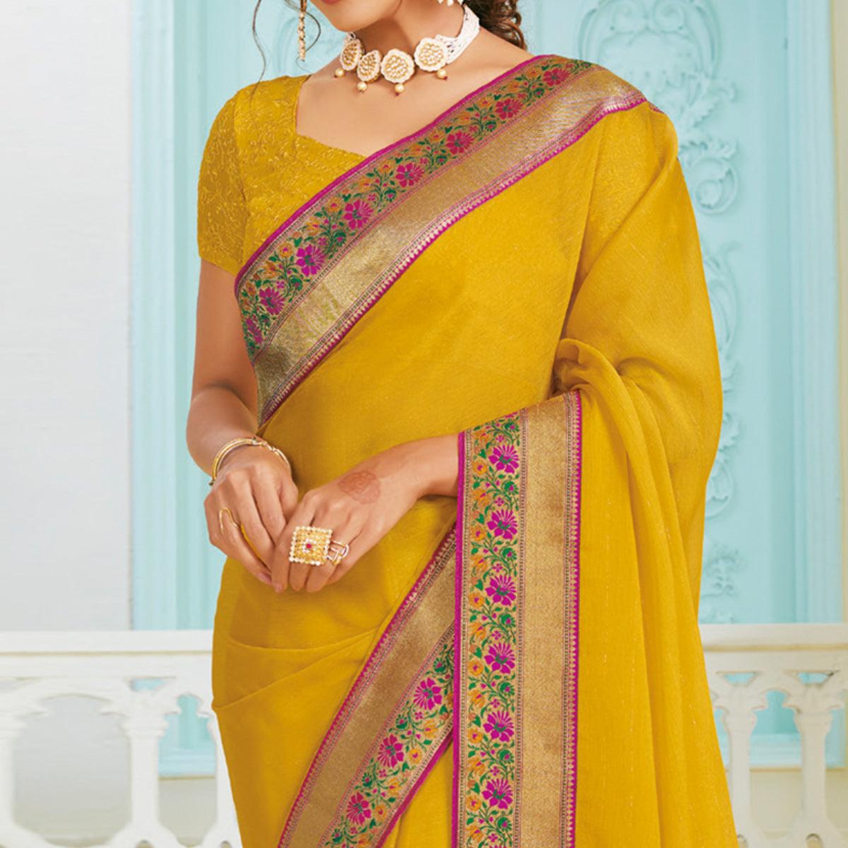 Captivating Mustard Yellow Colored Partywear Foil Work Chiffon Saree - Peachmode