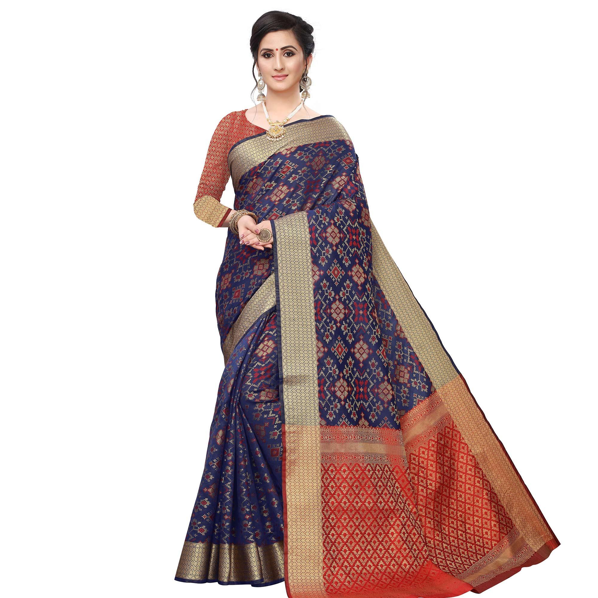 Captivating Navy Blue Colored Festive Wear Woven Kanjivaram Silk Saree - Peachmode