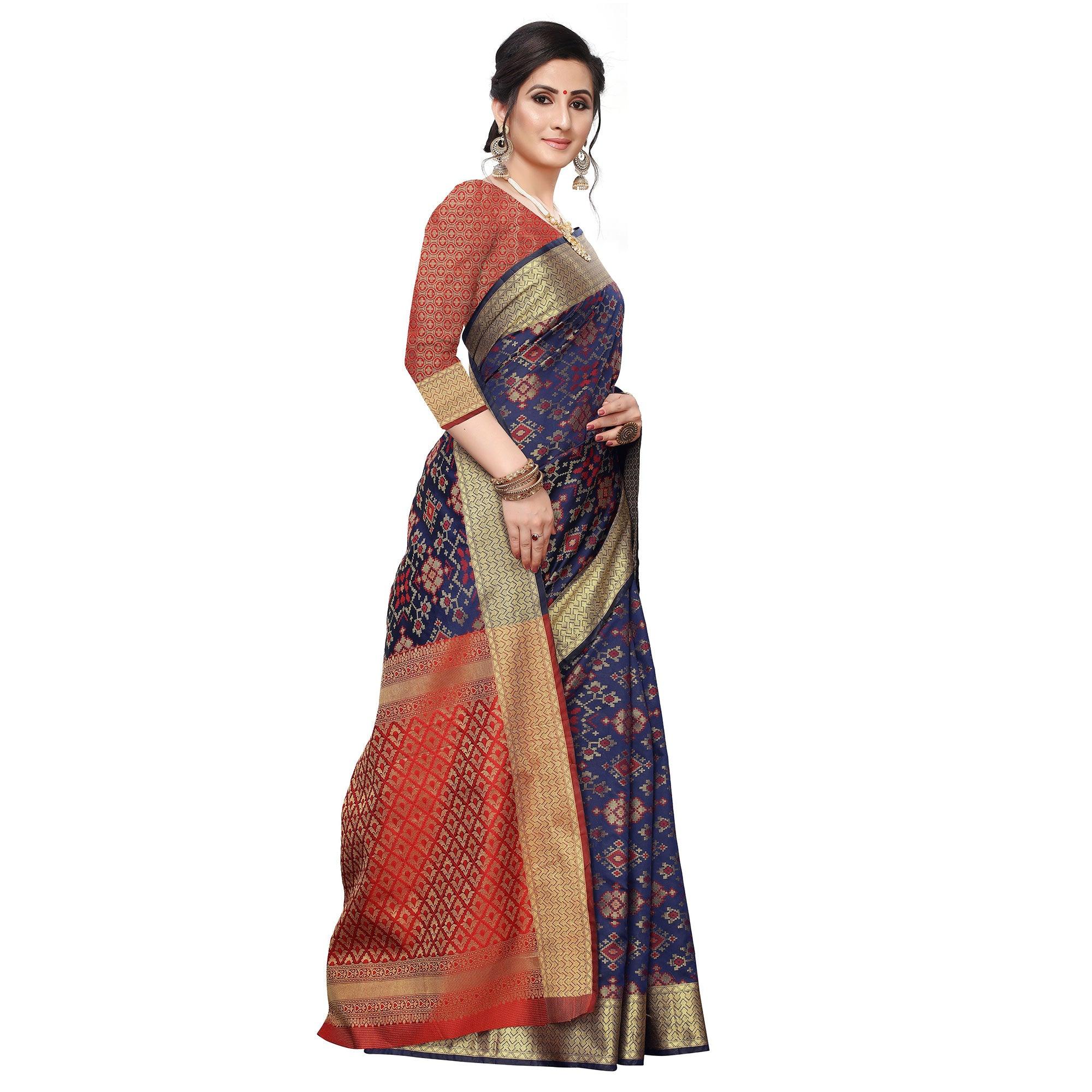 Captivating Navy Blue Colored Festive Wear Woven Kanjivaram Silk Saree - Peachmode