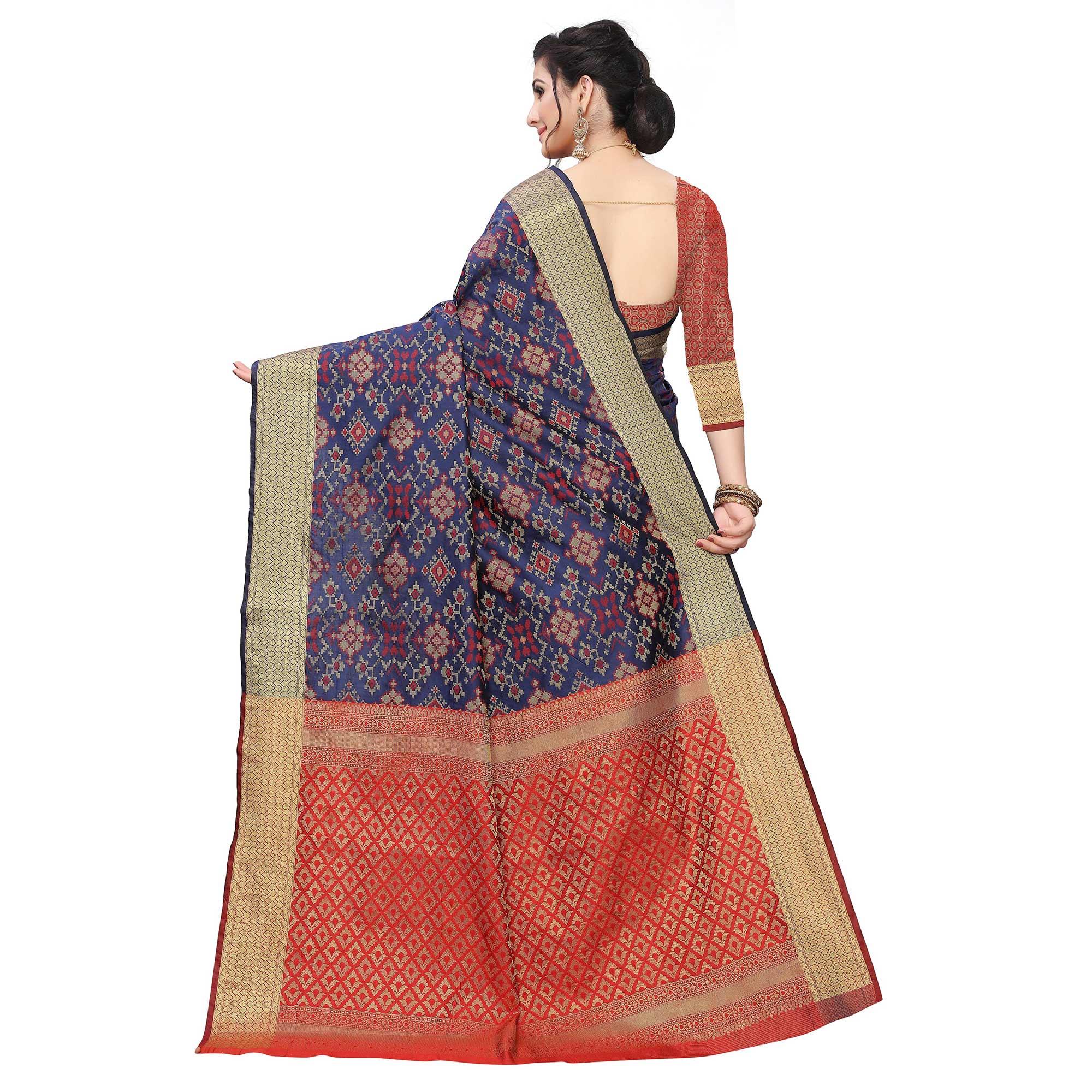 Captivating Navy Blue Colored Festive Wear Woven Kanjivaram Silk Saree - Peachmode