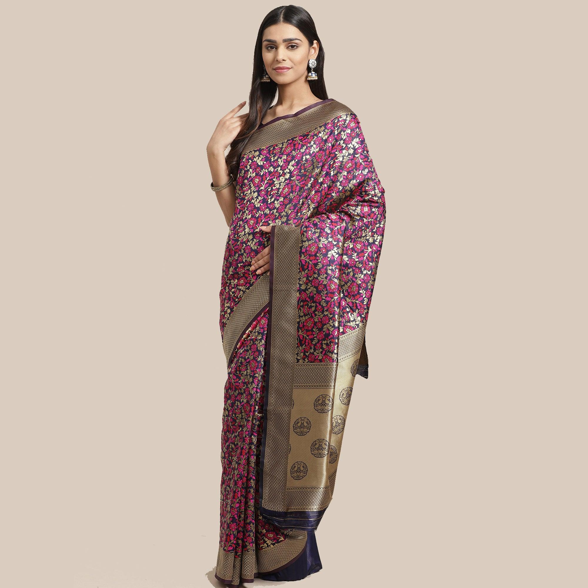 Captivating Navy Blue Colored Festive Wear Woven Silk Blend Saree - Peachmode