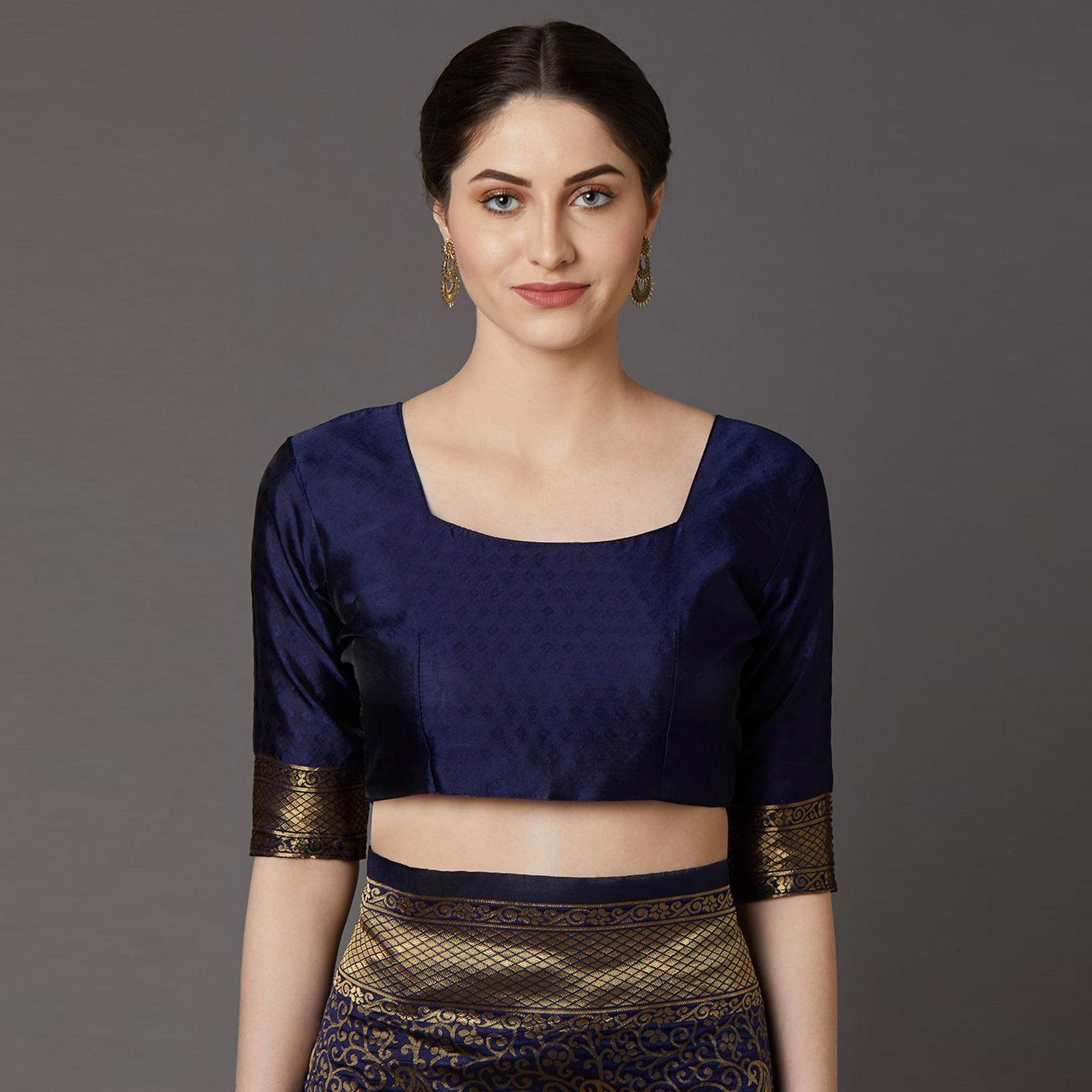 Captivating Navy Blue Colored Festive Wear Woven Silk Blend Saree - Peachmode