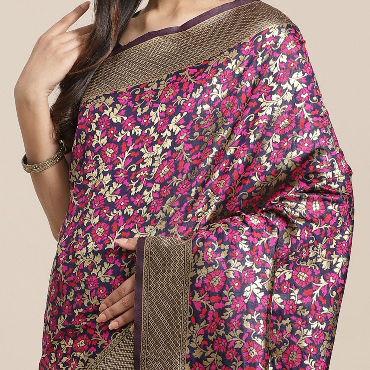 Captivating Navy Blue Colored Festive Wear Woven Silk Blend Saree - Peachmode