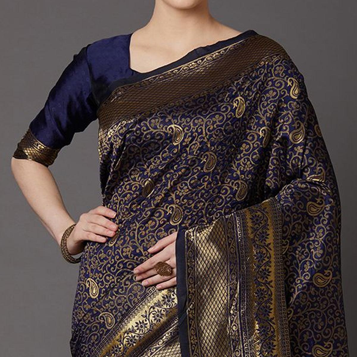 Captivating Navy Blue Colored Festive Wear Woven Silk Blend Saree - Peachmode