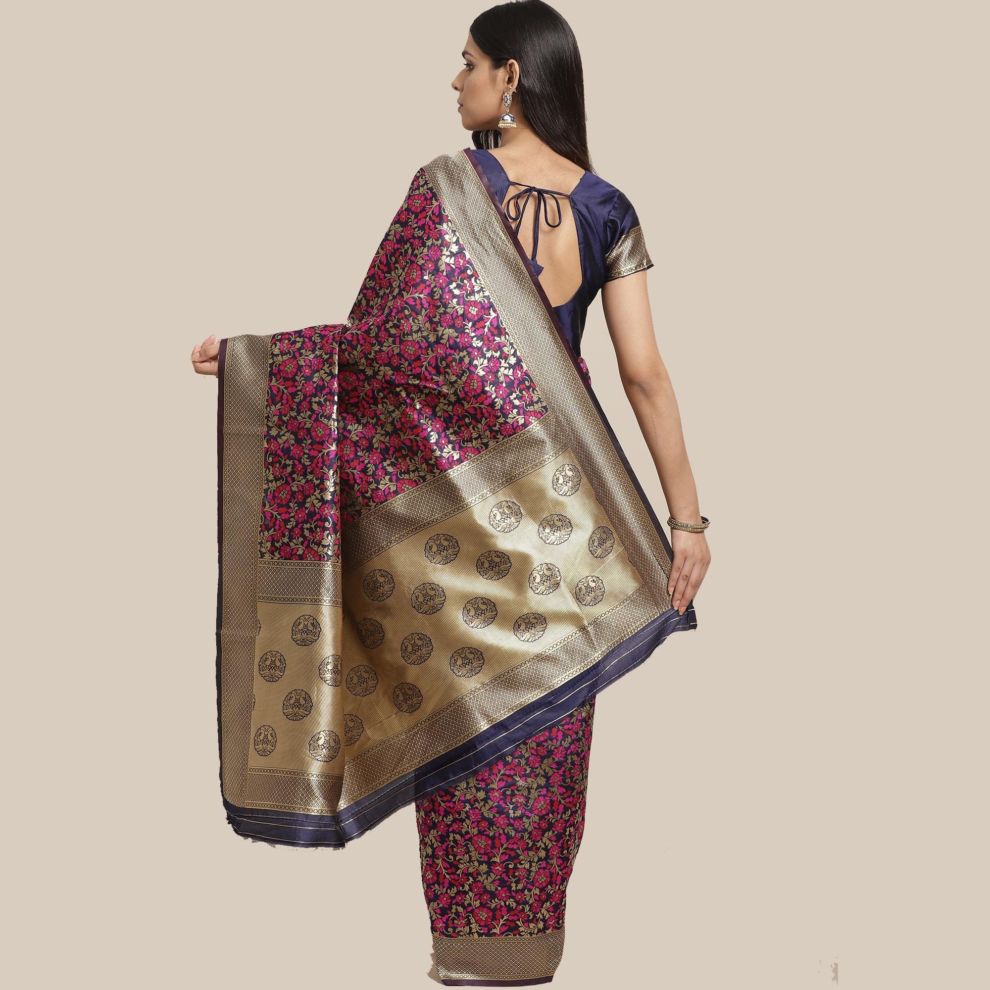 Captivating Navy Blue Colored Festive Wear Woven Silk Blend Saree - Peachmode