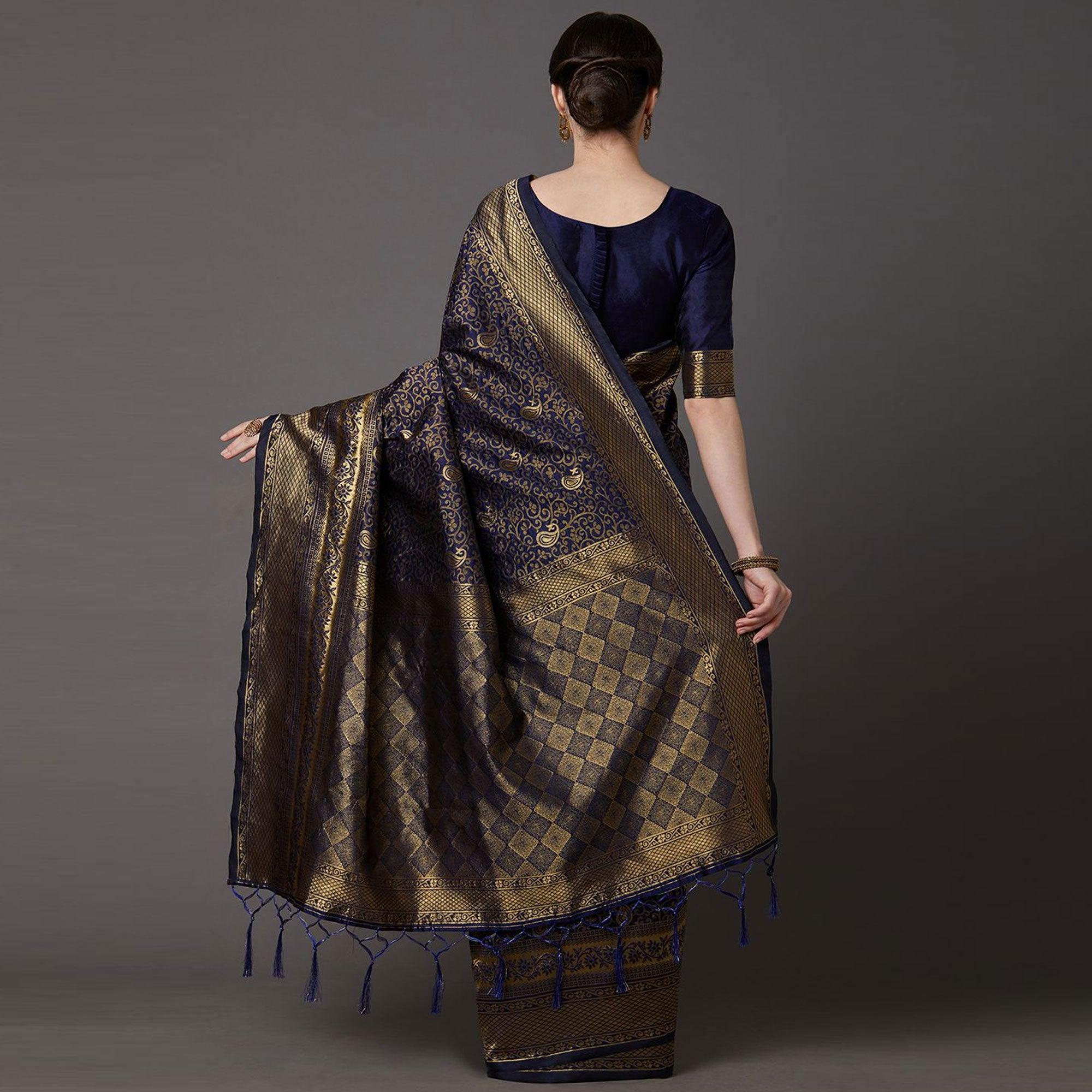 Captivating Navy Blue Colored Festive Wear Woven Silk Blend Saree - Peachmode