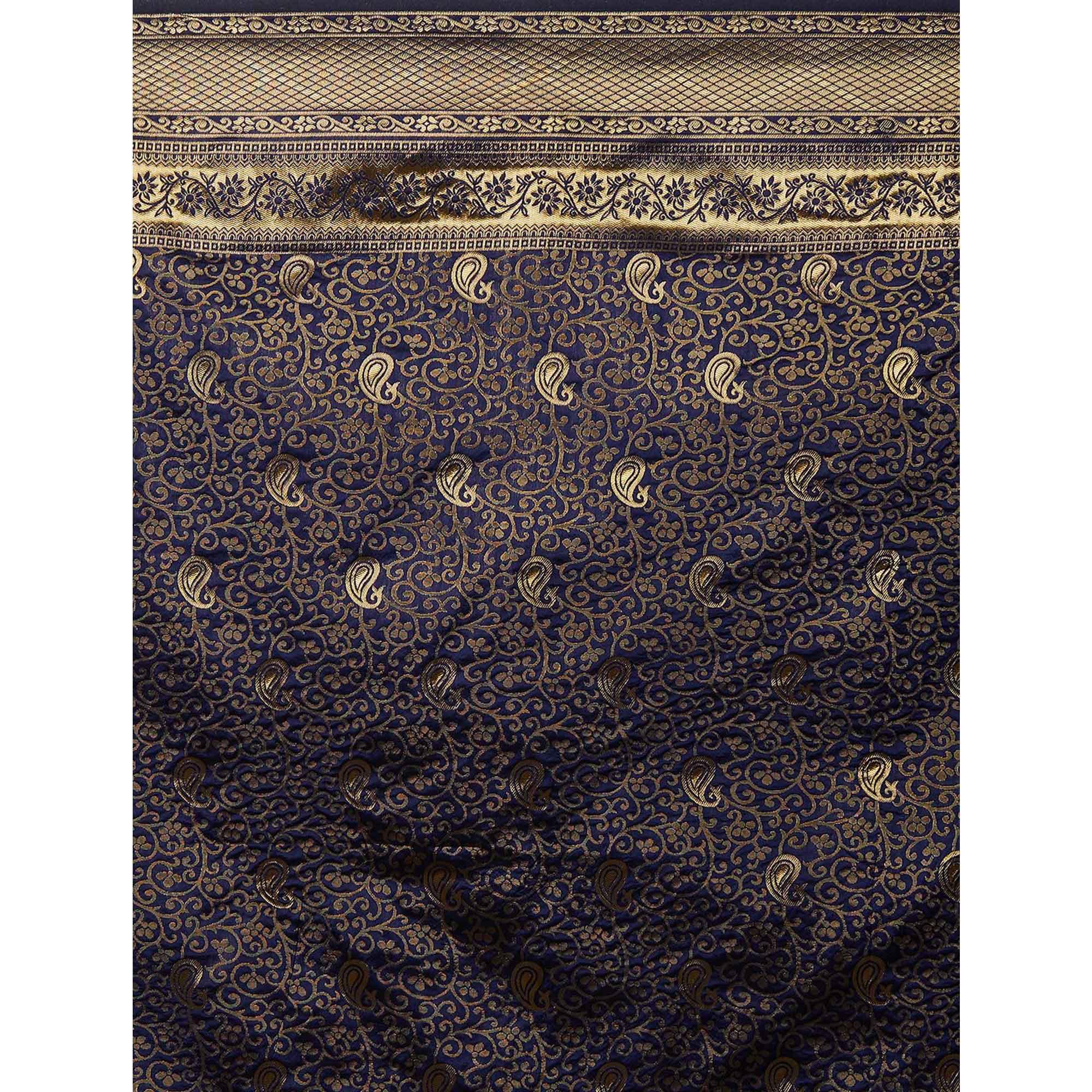 Captivating Navy Blue Colored Festive Wear Woven Silk Blend Saree - Peachmode