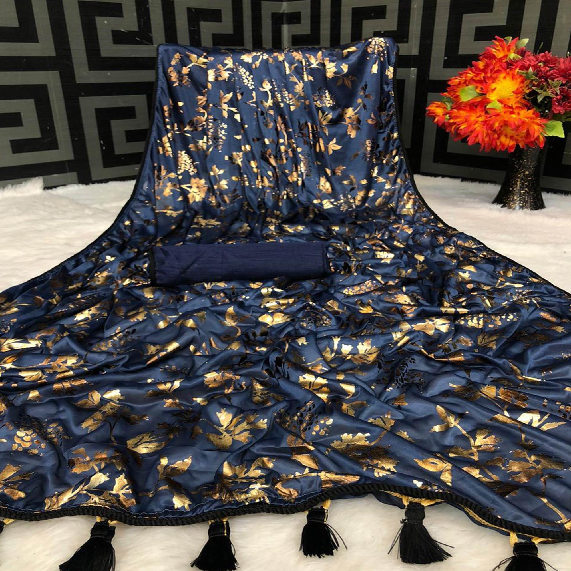 Captivating Navy Blue Colored Partywear Foil Printed Art Silk Saree - Peachmode