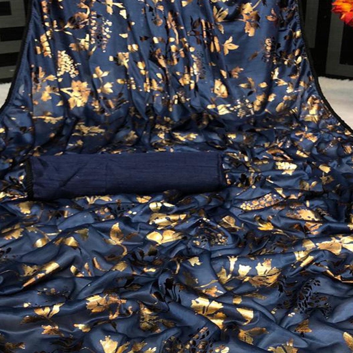 Captivating Navy Blue Colored Partywear Foil Printed Art Silk Saree - Peachmode