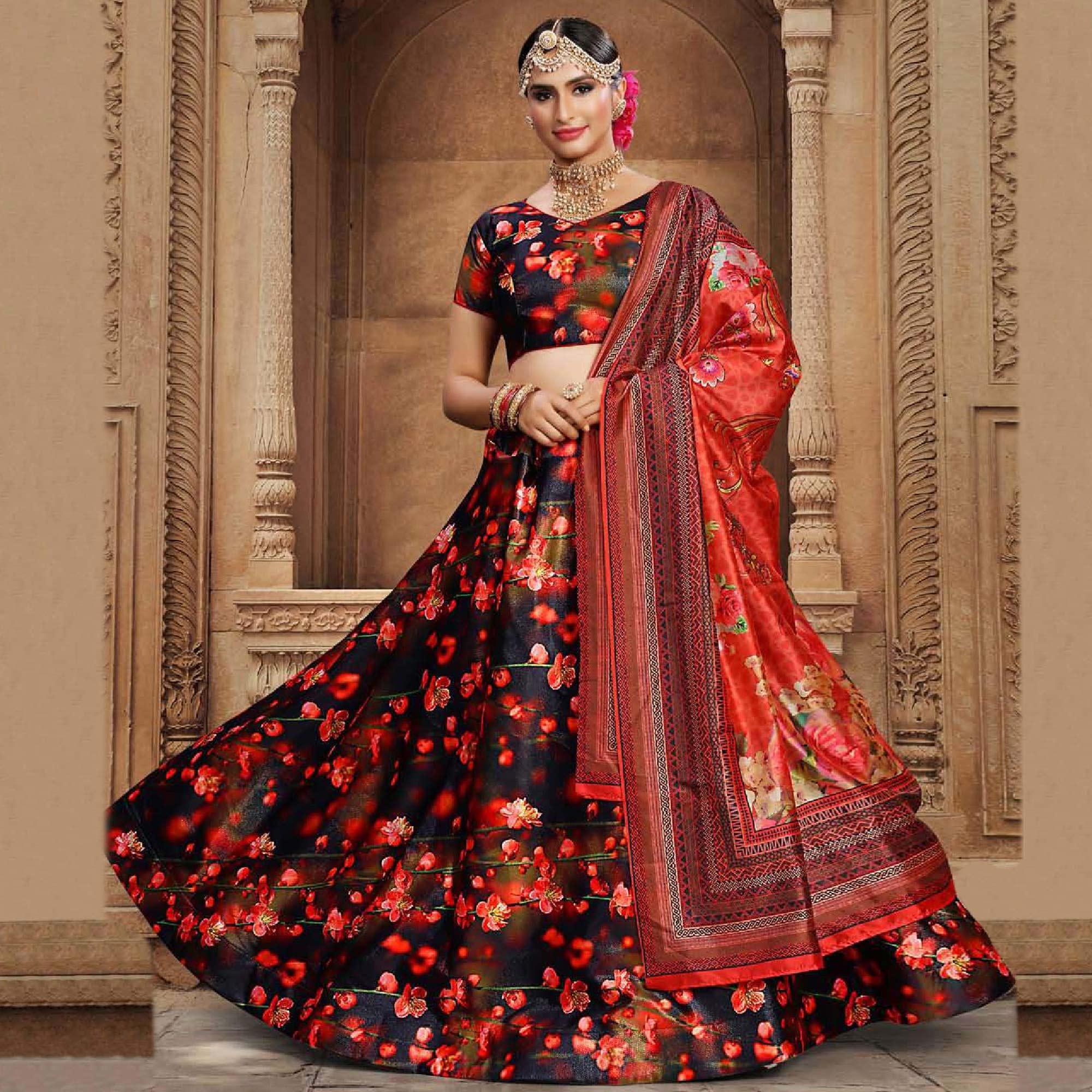Captivating Navy Blue - Red Colored Wedding Wear Printed Art Silk Lehenga Choli - Peachmode