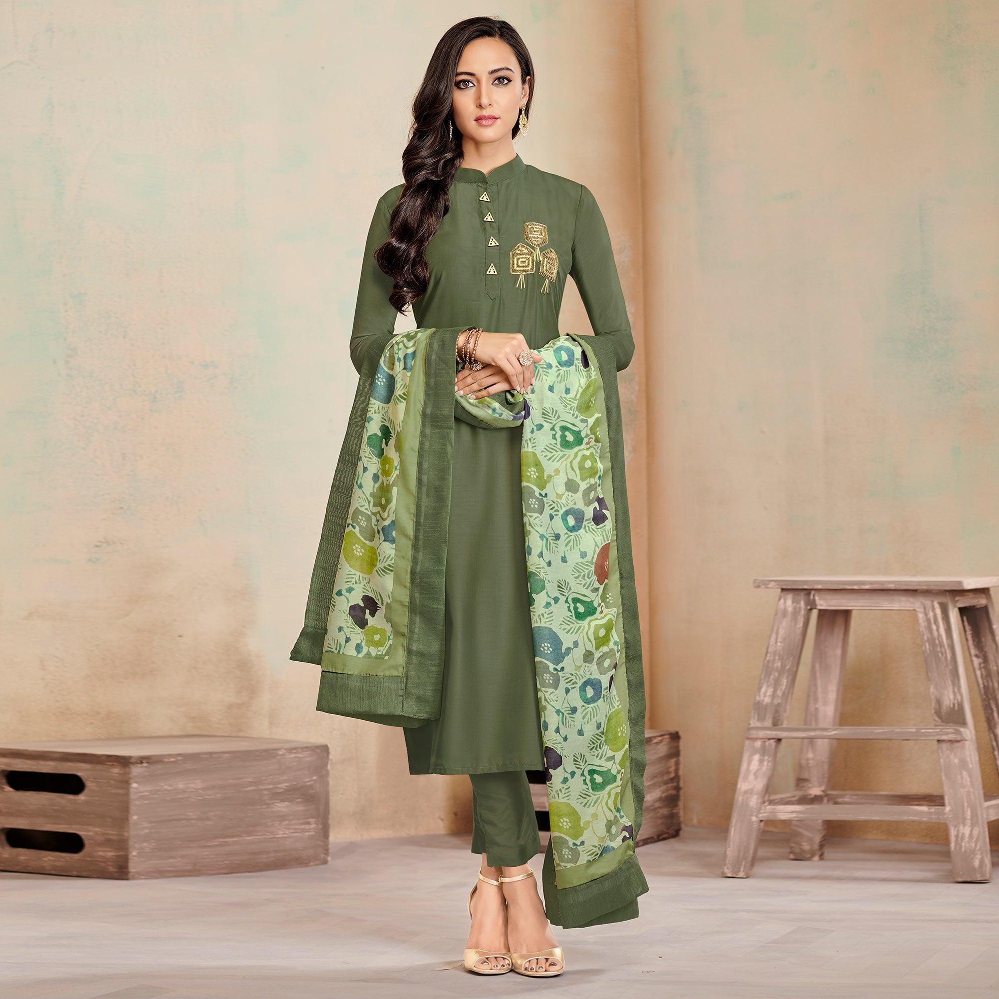 Captivating Olive Green Colored Partywear Cotton Suit - Peachmode