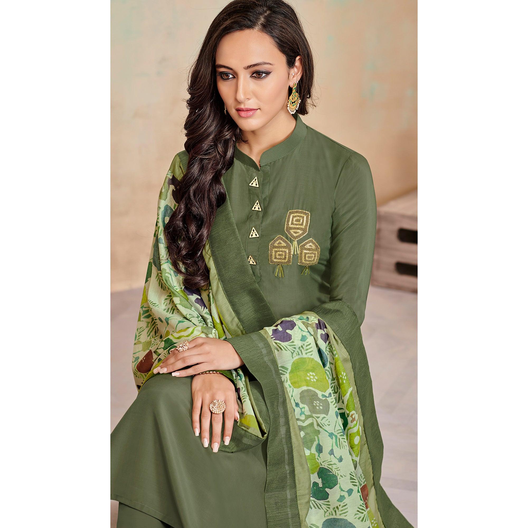 Captivating Olive Green Colored Partywear Cotton Suit - Peachmode